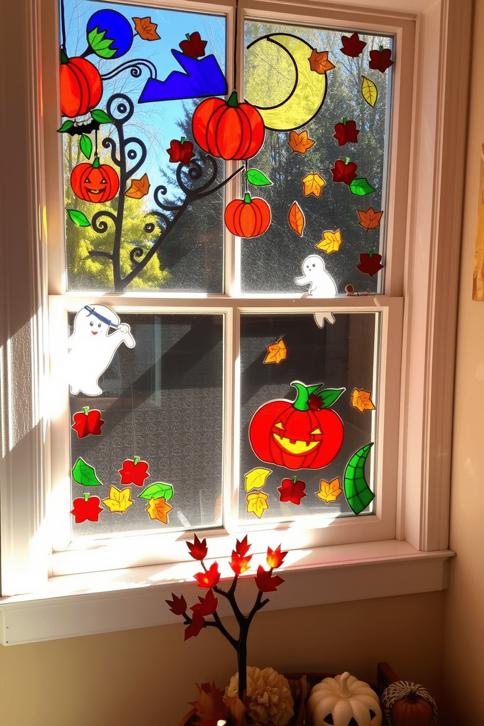 A vibrant Halloween-themed window adorned with colorful stained glass clings creates a festive atmosphere. The window features intricate designs of pumpkins, ghosts, and autumn leaves, casting playful shadows into the room. The sunlight filters through the glass, illuminating the decorations and enhancing the cheerful ambiance. Below the window, a cozy nook with seasonal decor complements the festive display.