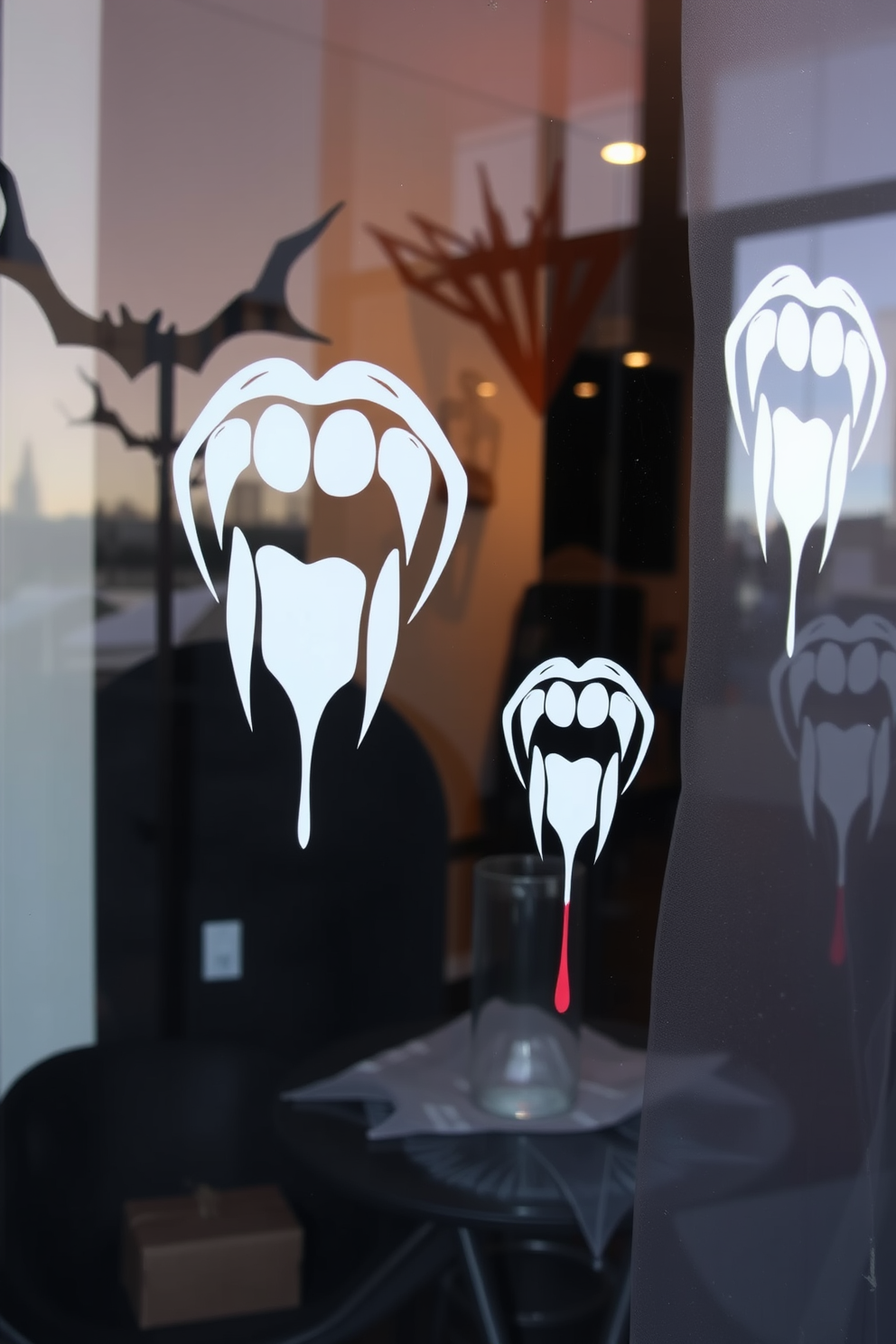 A spooky Halloween window display featuring vampire fangs and blood drips decals. The decals are placed strategically on the glass, creating an eerie atmosphere that captivates onlookers.