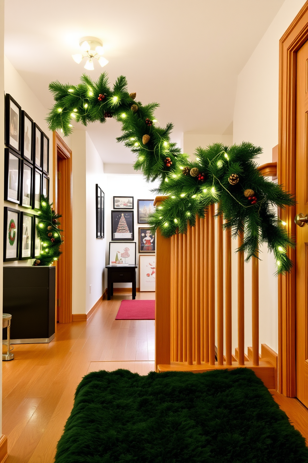 A festive garland drapes elegantly along the wooden railing of a cozy hallway. The garland is adorned with twinkling fairy lights, pinecones, and red berries, creating a warm and inviting atmosphere for the holiday season. In the hallway, a collection of framed holiday-themed artwork lines the walls, enhancing the festive spirit. A plush runner in deep green adds a touch of luxury underfoot, complementing the seasonal decor beautifully.