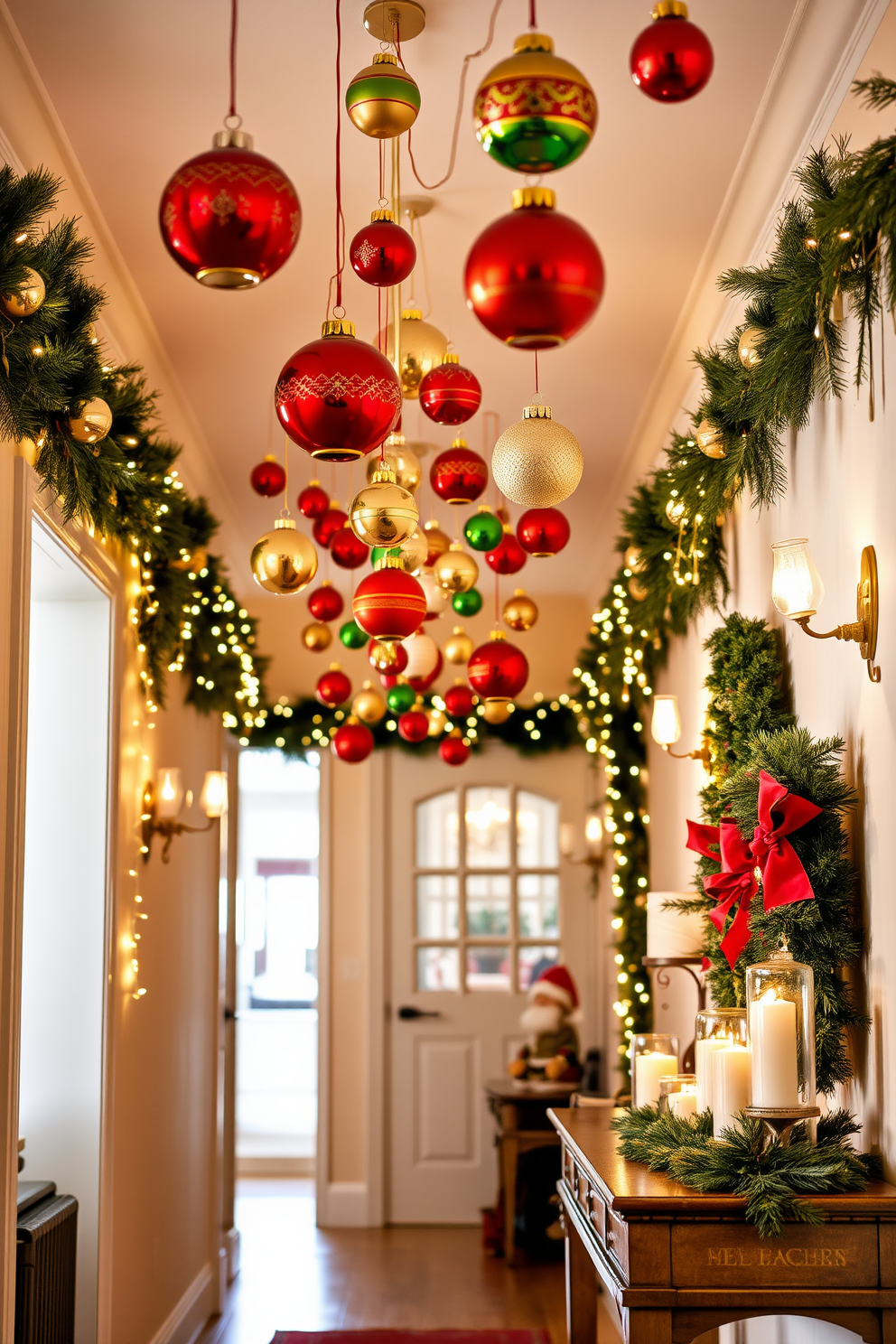 A festive hallway adorned with hanging ornaments from the ceiling creates a warm and inviting atmosphere. The ornaments, in vibrant reds, greens, and golds, sway gently, catching the light and adding a touch of holiday magic. The walls are draped with garlands of pine and twinkling fairy lights, enhancing the seasonal charm. A beautifully decorated console table at the end of the hallway displays a collection of candles and festive figurines, inviting guests to linger and enjoy the decor.