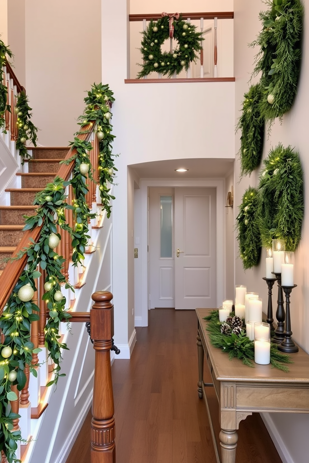 A stunning staircase adorned with lush greenery accents on the banisters, featuring cascading garlands of eucalyptus and pine intertwined with twinkling fairy lights. The wooden banisters provide a warm contrast to the vibrant greenery, creating a festive and inviting atmosphere. A beautifully decorated hallway for Christmas, showcasing a mix of elegant ornaments and natural elements. The walls are adorned with wreaths made of fresh pine, while a console table is topped with candles, pinecones, and a festive runner, enhancing the holiday spirit.