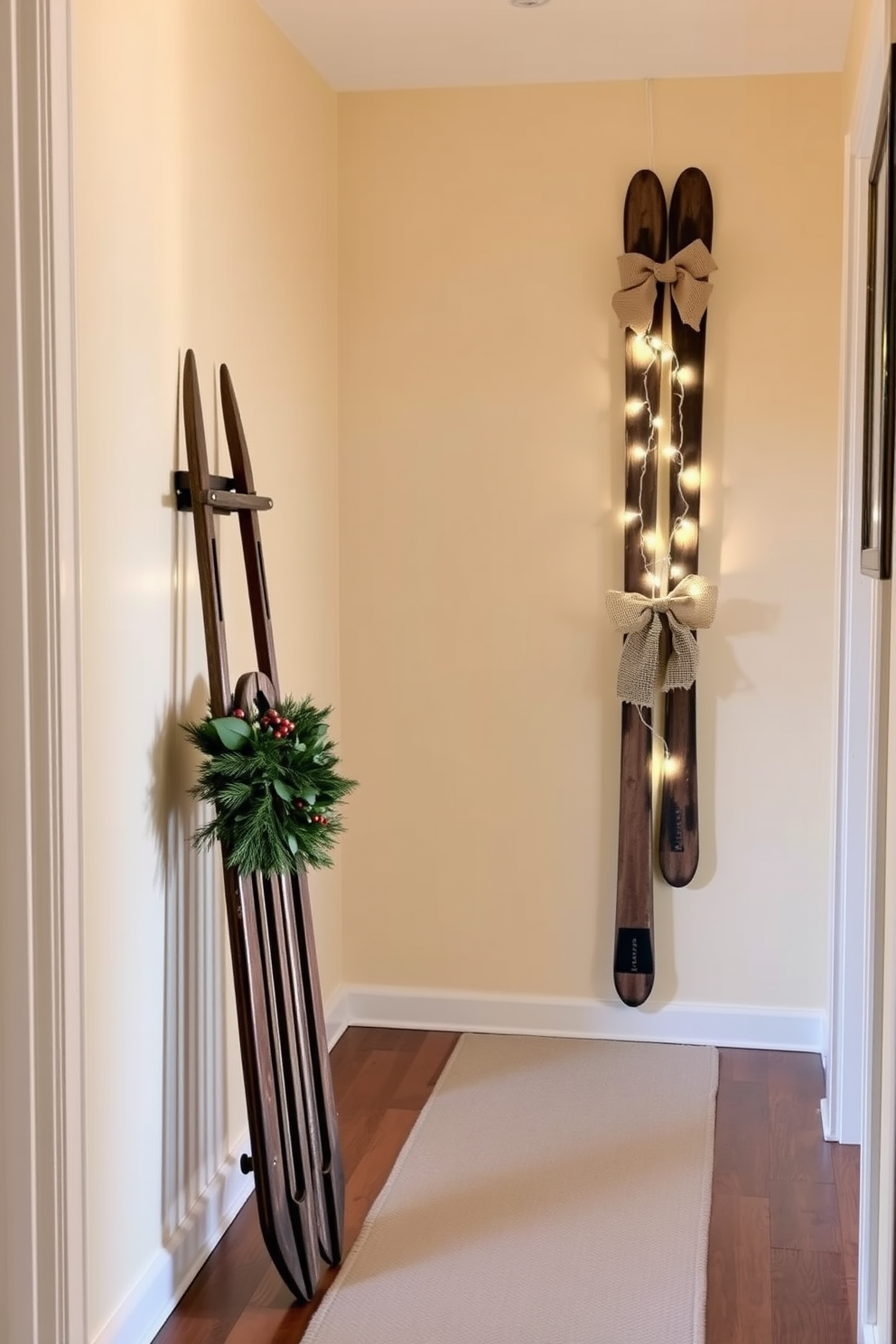 A charming hallway adorned with vintage sleds and skis as decor creates a cozy winter atmosphere. The walls are painted in a warm cream color, and the wooden floor is covered with a soft, textured runner. On one side, a vintage sled leans against the wall, decorated with a festive garland of pine and berries. Opposite, a pair of old skis hangs vertically, adorned with twinkling fairy lights and a burlap bow for a rustic touch.