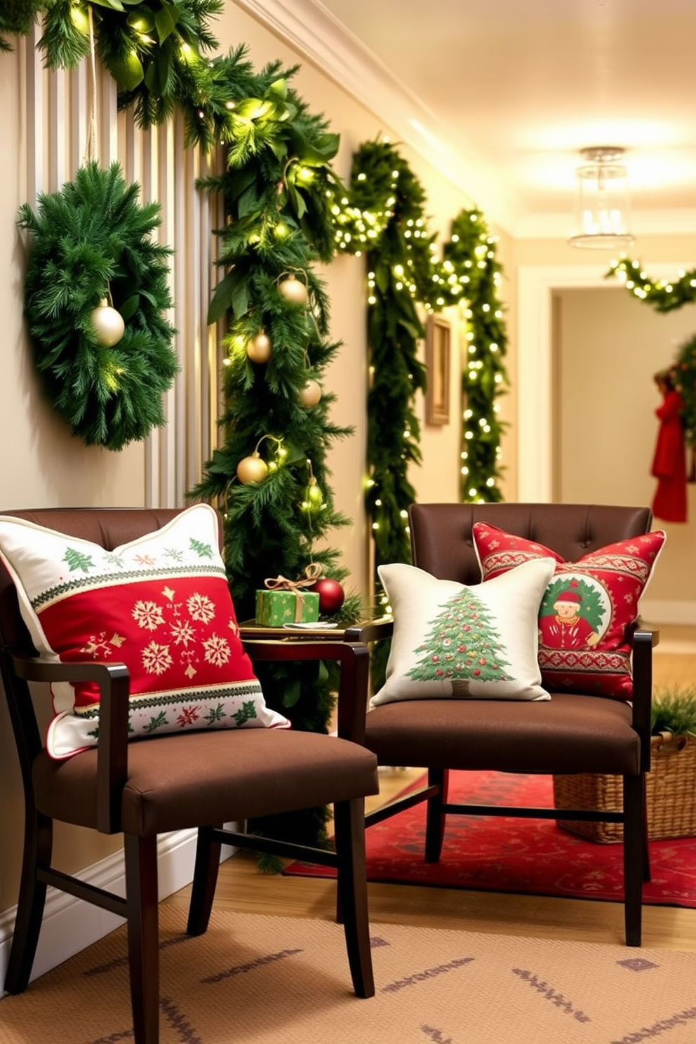 Christmas-themed throw pillows on chairs. The pillows feature festive patterns in red, green, and gold, adding a cozy touch to the seating area. Hallway Christmas decorating ideas. The hallway is adorned with garlands of pine and twinkling fairy lights, creating a warm and inviting atmosphere for guests.