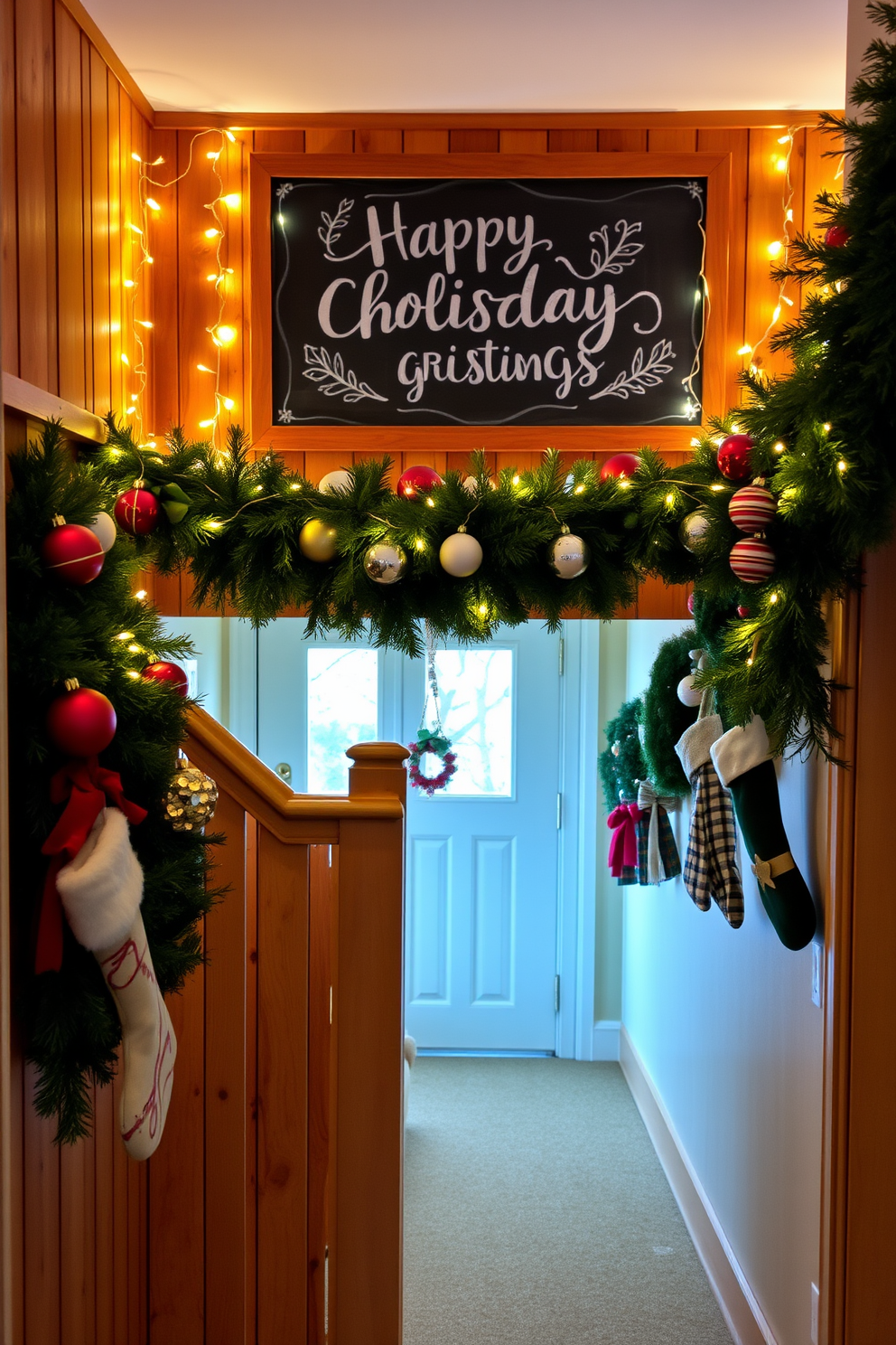 A festive chalkboard is adorned with cheerful holiday greetings, surrounded by twinkling fairy lights that enhance the warm ambiance. The chalkboard is set against a backdrop of rustic wood paneling, creating a cozy and inviting atmosphere. In the hallway, a beautiful arrangement of evergreen garlands and ornaments drapes elegantly along the banister. Stockings hang from the wall, each uniquely designed, adding a personal touch to the holiday decor.