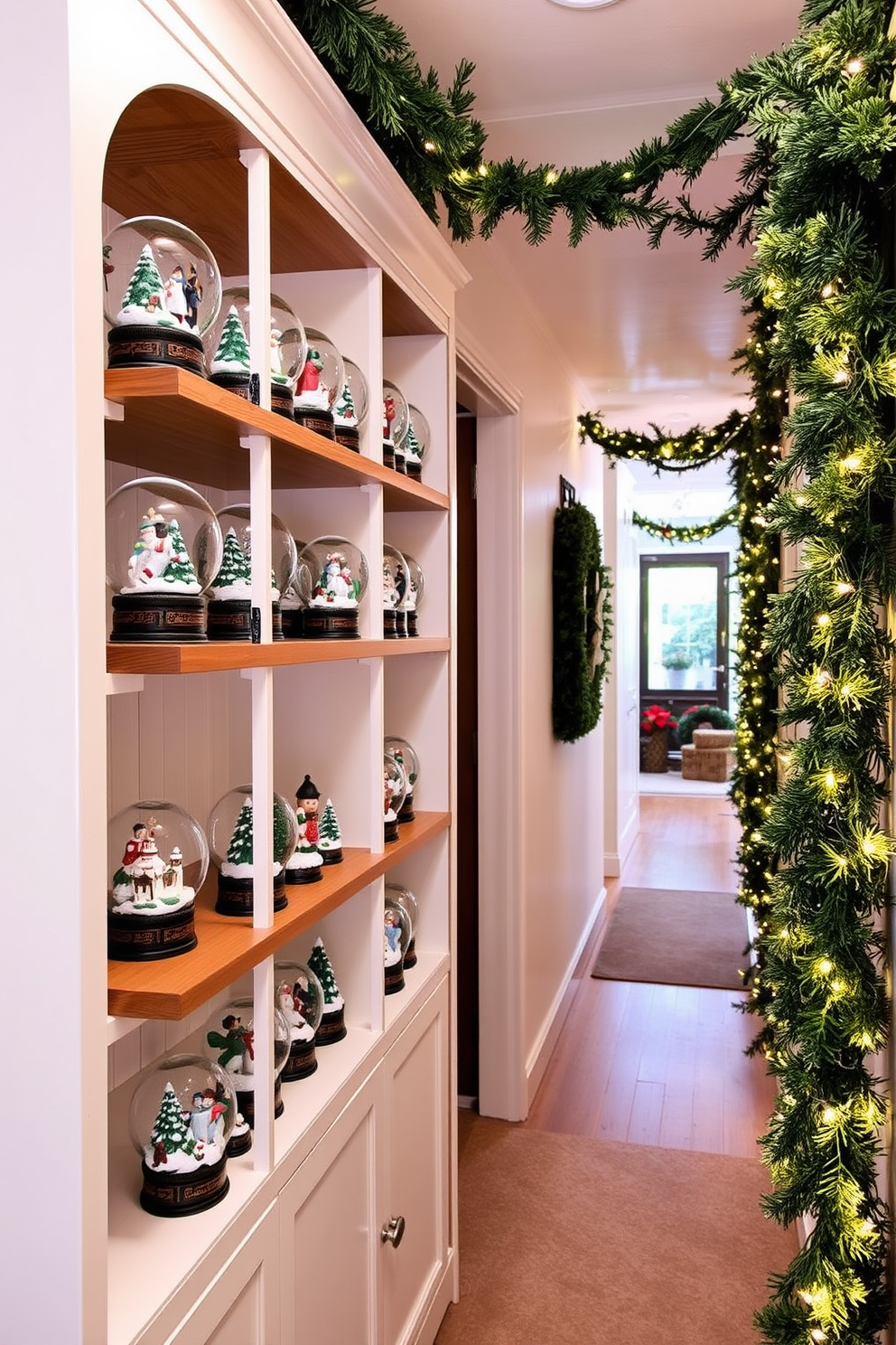 A charming display of snow globes fills the wooden shelves, each globe showcasing a unique winter scene with intricate details. The shelves are painted in a soft white, allowing the vibrant colors of the snow globes to stand out beautifully. The hallway is adorned with festive decorations, featuring garlands of fresh greenery draped along the walls. Twinkling fairy lights are intertwined within the garlands, casting a warm glow that enhances the holiday spirit.