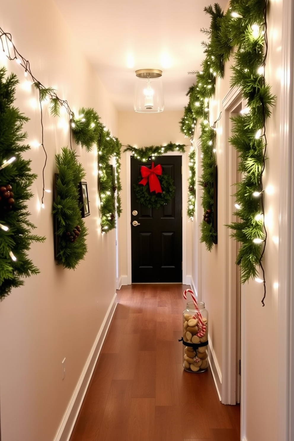 A charming hallway adorned for the holidays, featuring mason jars filled with festive treats like homemade cookies and candy canes. The walls are decorated with garlands of evergreen, and twinkling fairy lights create a warm, inviting glow throughout the space.