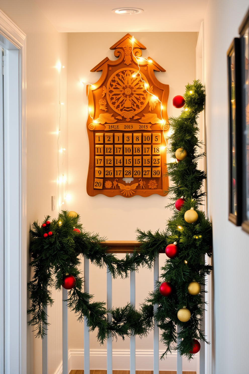 Advent calendar as a focal point. The hallway is adorned with a beautifully crafted wooden advent calendar, intricately designed with festive motifs, hanging prominently on the wall. Soft string lights twinkle around the calendar, casting a warm glow in the space. Evergreen garlands drape along the hallway railing, accented with red and gold ornaments for a cheerful holiday touch.