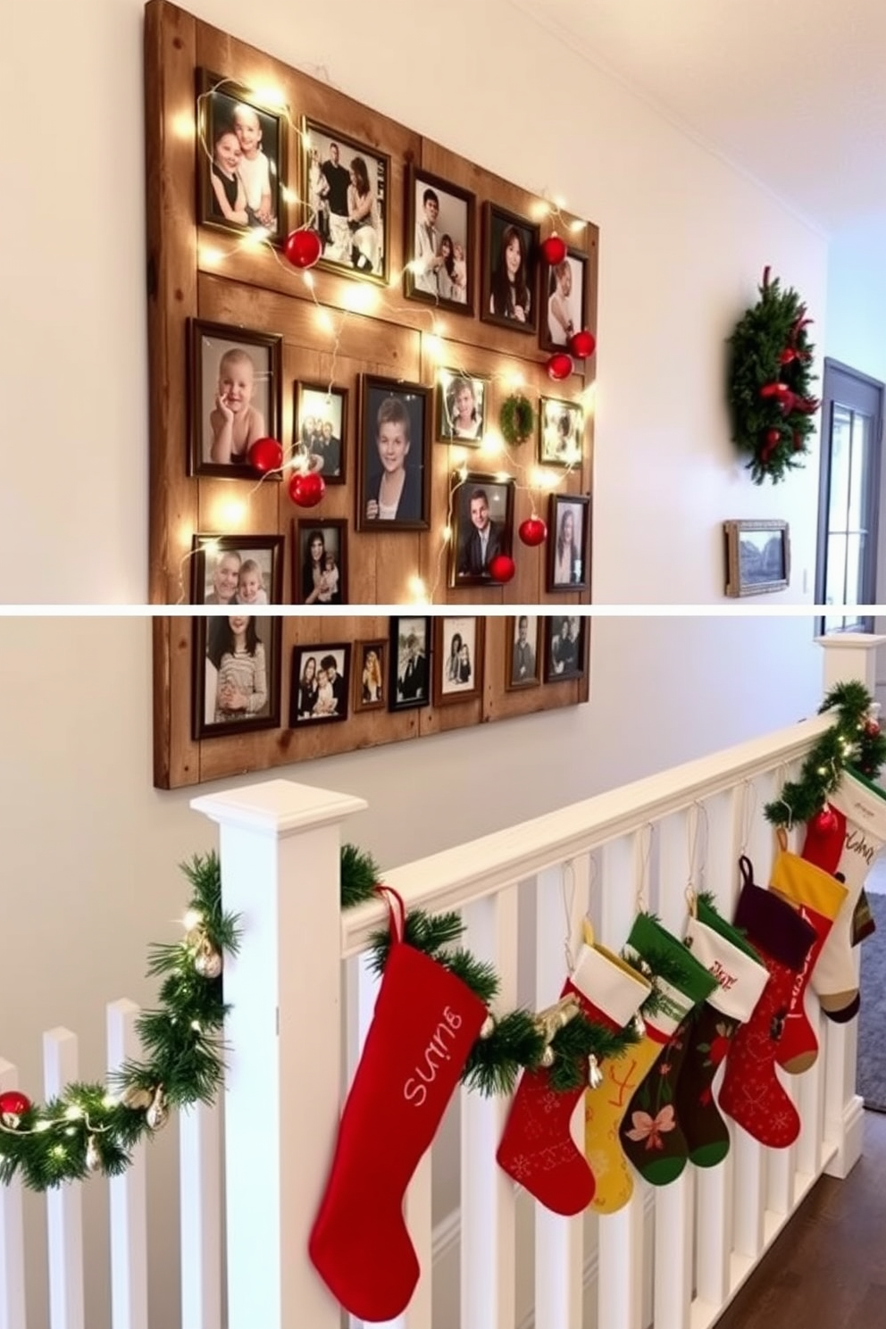 A charming DIY photo display of past holidays adorns the hallway, featuring a series of framed pictures hung on a rustic wooden board. Twinkling fairy lights weave through the frames, adding a warm glow that evokes nostalgia and joy. For the Christmas decorating ideas, the hallway is transformed with festive garlands draped along the banister, adorned with red and gold ornaments. A collection of colorful stockings hangs from the wall, each personalized, creating a cheerful and inviting atmosphere.