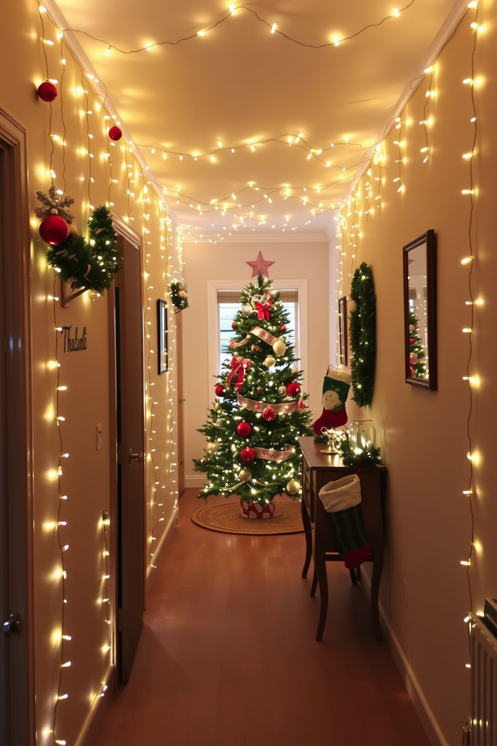 A cozy hallway adorned with twinkling fairy lights that gracefully line the walls, creating a warm and inviting atmosphere. The lights emit a soft glow, illuminating festive decorations such as garlands and ornaments hanging from the banister. At the end of the hallway, a beautifully decorated Christmas tree stands, its branches adorned with shimmering baubles and ribbons. Stockings are hung with care on a nearby console table, adding to the cheerful holiday spirit.