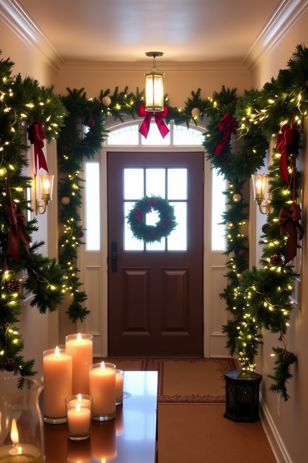 A cozy hallway adorned for the holidays, featuring holiday-scented candles placed on a console table. The warm glow from the candles illuminates festive garlands draped along the walls, creating an inviting atmosphere. Decorative wreaths hang on either side of the entrance, embellished with red bows and pinecones. Twinkling fairy lights are intertwined with the garlands, adding a magical touch to the holiday decor.