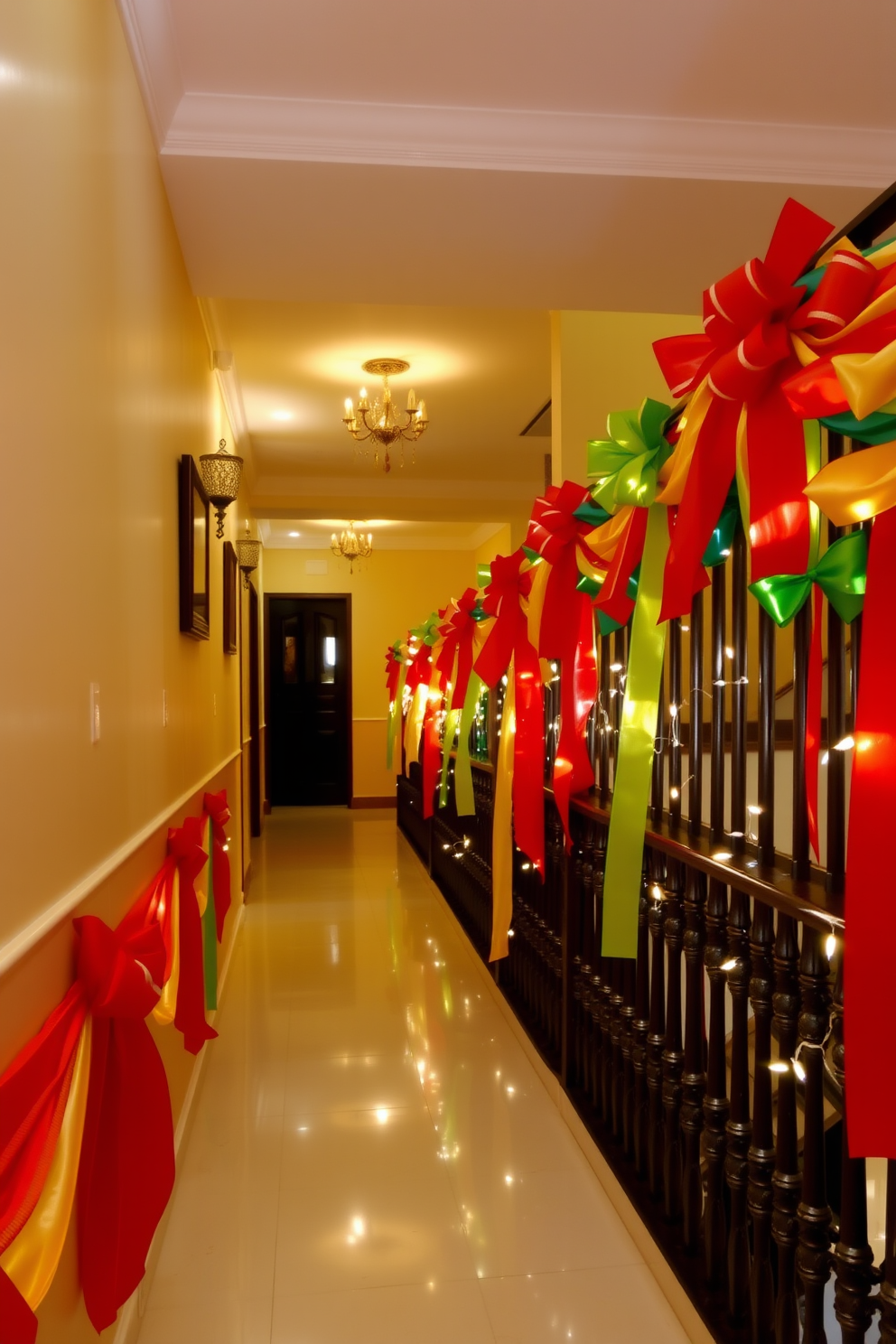 A festive hallway adorned with brightly colored ribbons wrapped around elegant banisters. The vibrant hues of red, green, and gold create a cheerful atmosphere, complemented by twinkling fairy lights strung along the railings.