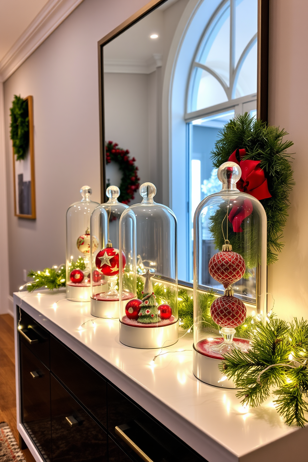 A beautifully decorated hallway featuring elegant glass cloches, each containing unique ornaments that reflect the holiday spirit. The cloches are artfully arranged on a sleek console table, surrounded by twinkling fairy lights and seasonal greenery.