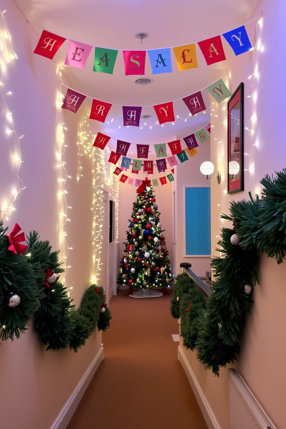 A festive hallway adorned with seasonal banners and bunting in vibrant colors, creating a cheerful atmosphere. The walls are draped with twinkling fairy lights, enhancing the holiday spirit and inviting warmth into the space. At the end of the hallway, a beautifully decorated Christmas tree stands tall, adorned with ornaments that reflect the festive theme. Plush garlands line the staircase railing, complementing the overall decor and adding a touch of elegance.