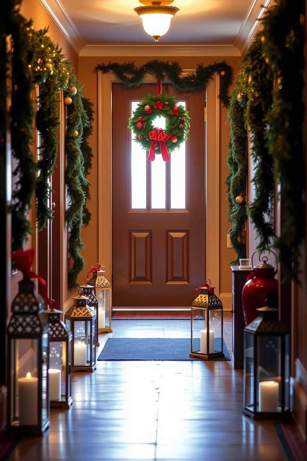 Decorative lanterns line the floor of a cozy hallway, casting a warm glow that enhances the festive atmosphere. The walls are adorned with evergreen garlands, and a beautiful wreath hangs prominently on the door, inviting guests into the holiday spirit.