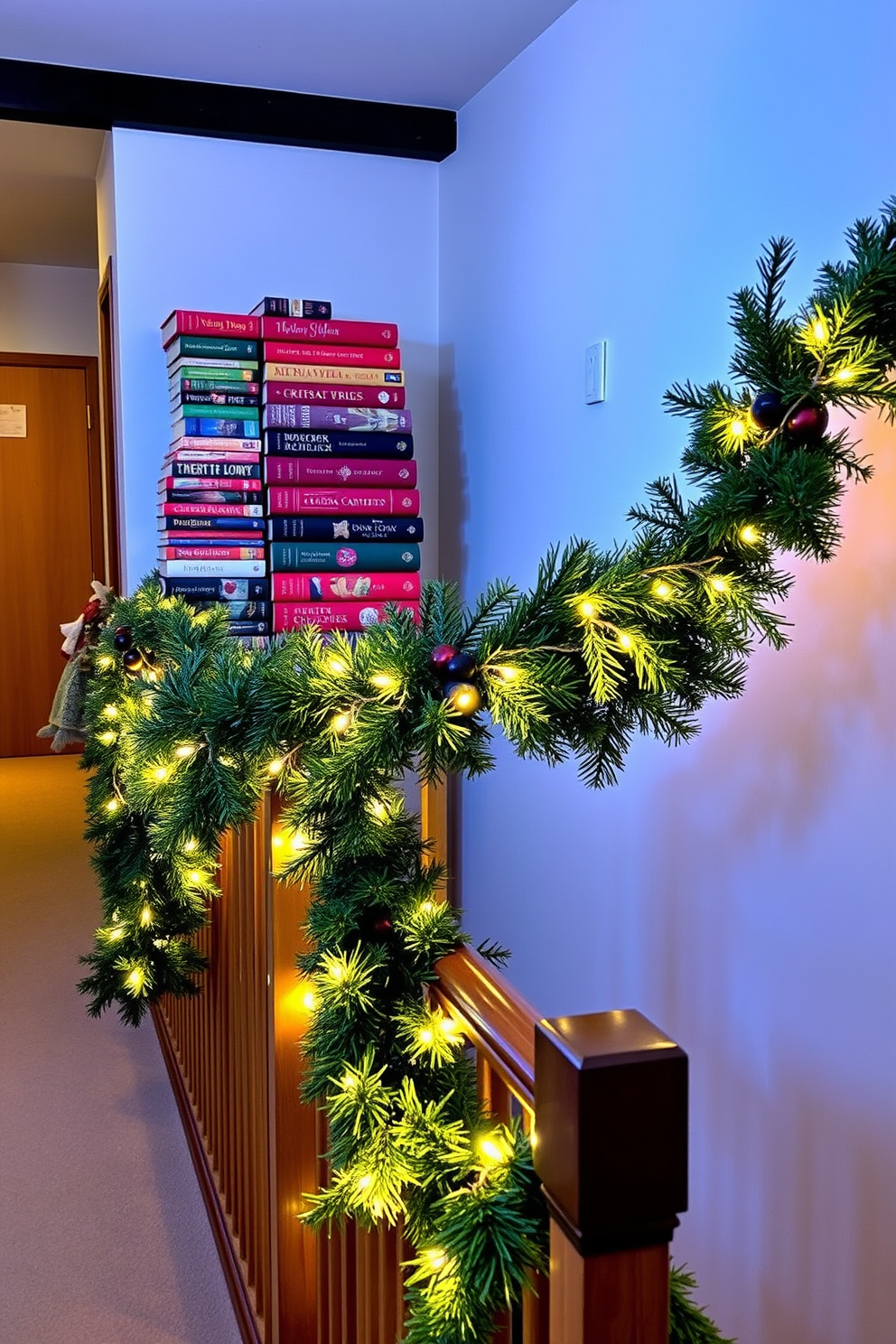 A cozy hallway adorned for Christmas features a charming display of stacked holiday-themed books, each with vibrant covers depicting festive scenes. Soft, warm lighting enhances the atmosphere, while a garland of evergreen branches weaves along the banister, accented by twinkling fairy lights.