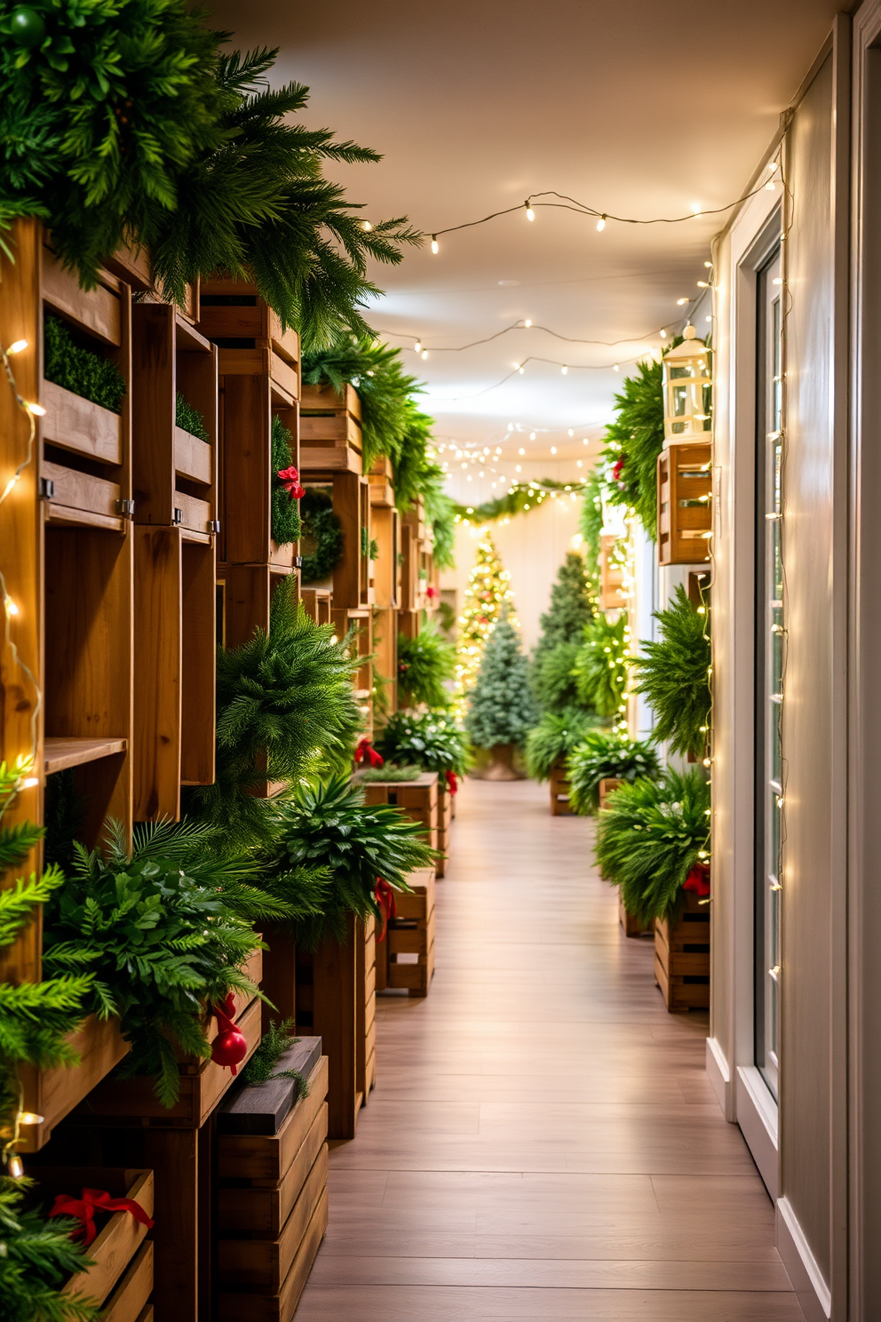 A festive hallway adorned with wooden crates filled with vibrant holiday greenery. The crates are arranged artfully along the walls, complemented by twinkling string lights that create a warm and inviting atmosphere.