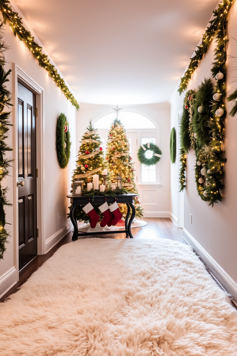 A cozy hallway adorned with a luxurious faux fur rug that adds warmth and texture to the space. The walls are decorated with festive garlands and twinkling fairy lights, creating a welcoming atmosphere for holiday gatherings. The entryway features a beautifully decorated Christmas tree, adorned with elegant ornaments and a soft, glowing star on top. Stockings hang from a stylish console table, complemented by a centerpiece of seasonal greenery and candles.