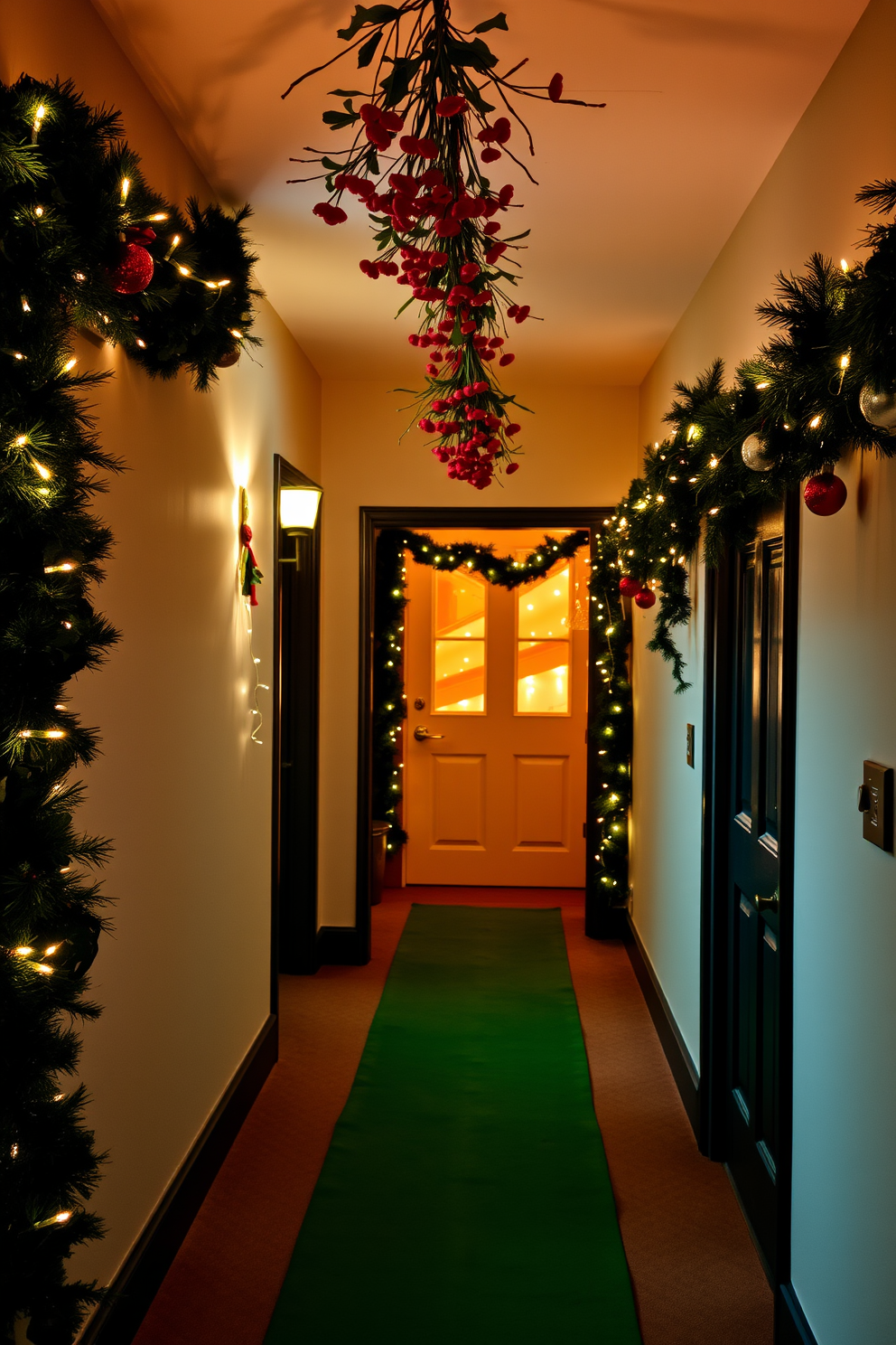 A cozy hallway adorned for Christmas features hanging mistletoe above doorways, creating a festive and romantic atmosphere. The walls are decorated with garlands of pine and twinkling fairy lights, while a soft runner in holiday colors lines the floor, inviting guests to enjoy the seasonal cheer.