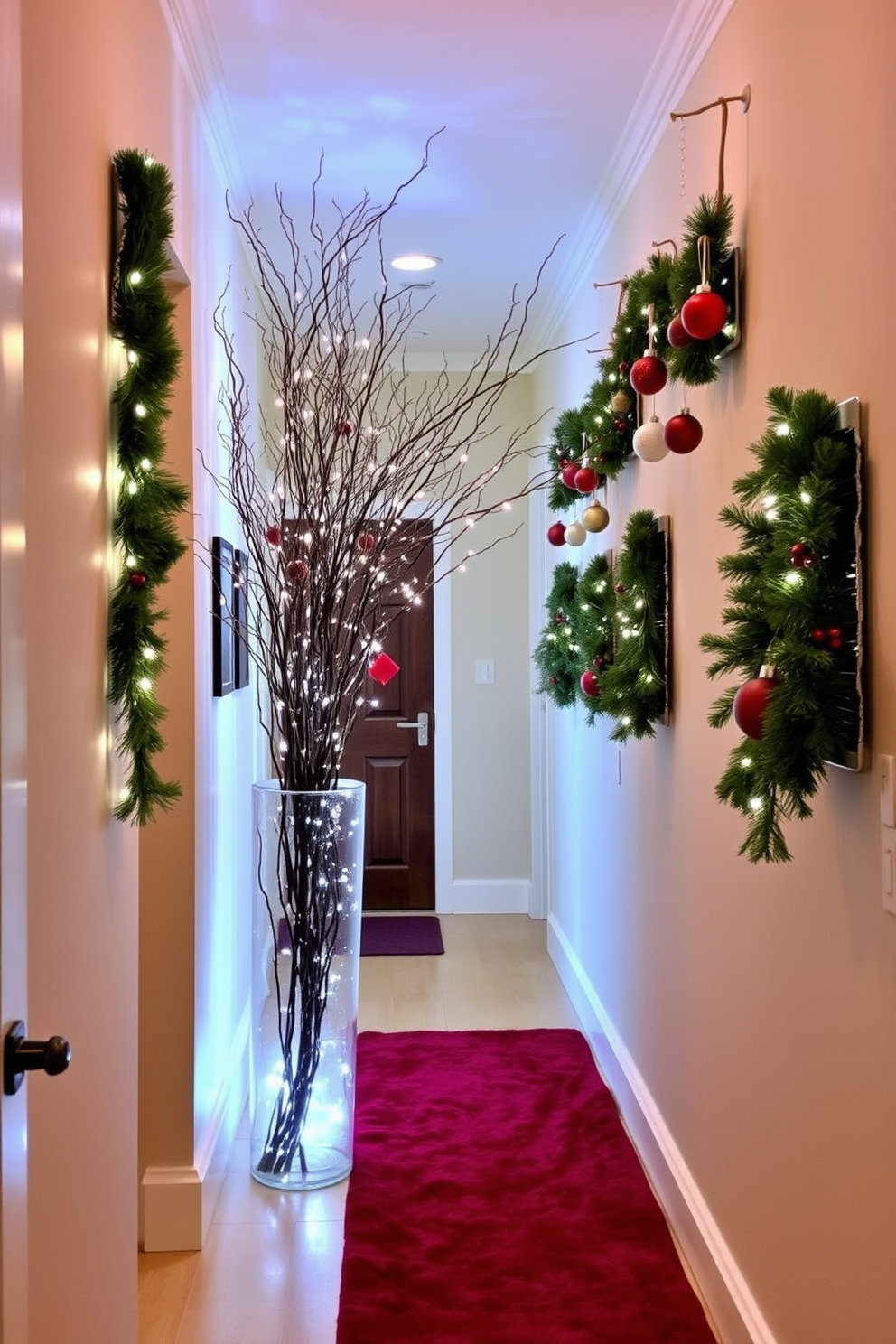 A cozy hallway adorned with lighted branches, creating a warm and inviting winter atmosphere. The branches are elegantly arranged in a tall vase, twinkling with soft white lights that enhance the festive spirit. On the walls, festive garlands made of pine and red berries drape gracefully, complemented by hanging ornaments that add a touch of color. A plush runner in deep red lines the hallway floor, inviting guests to enjoy the holiday charm.