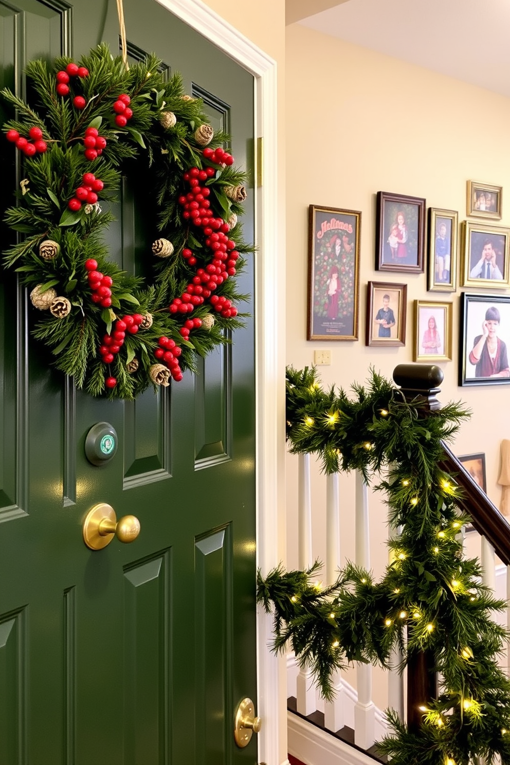 A festive seasonal wreath adorned with pinecones and red berries hangs on the front door, welcoming guests with a touch of holiday cheer. The door is painted a deep green, providing a striking contrast to the vibrant colors of the wreath. The hallway is elegantly decorated with garlands of greenery draped along the staircase railing, interspersed with twinkling fairy lights. A collection of framed family photos, accented with holiday-themed artwork, creates a warm and inviting atmosphere.