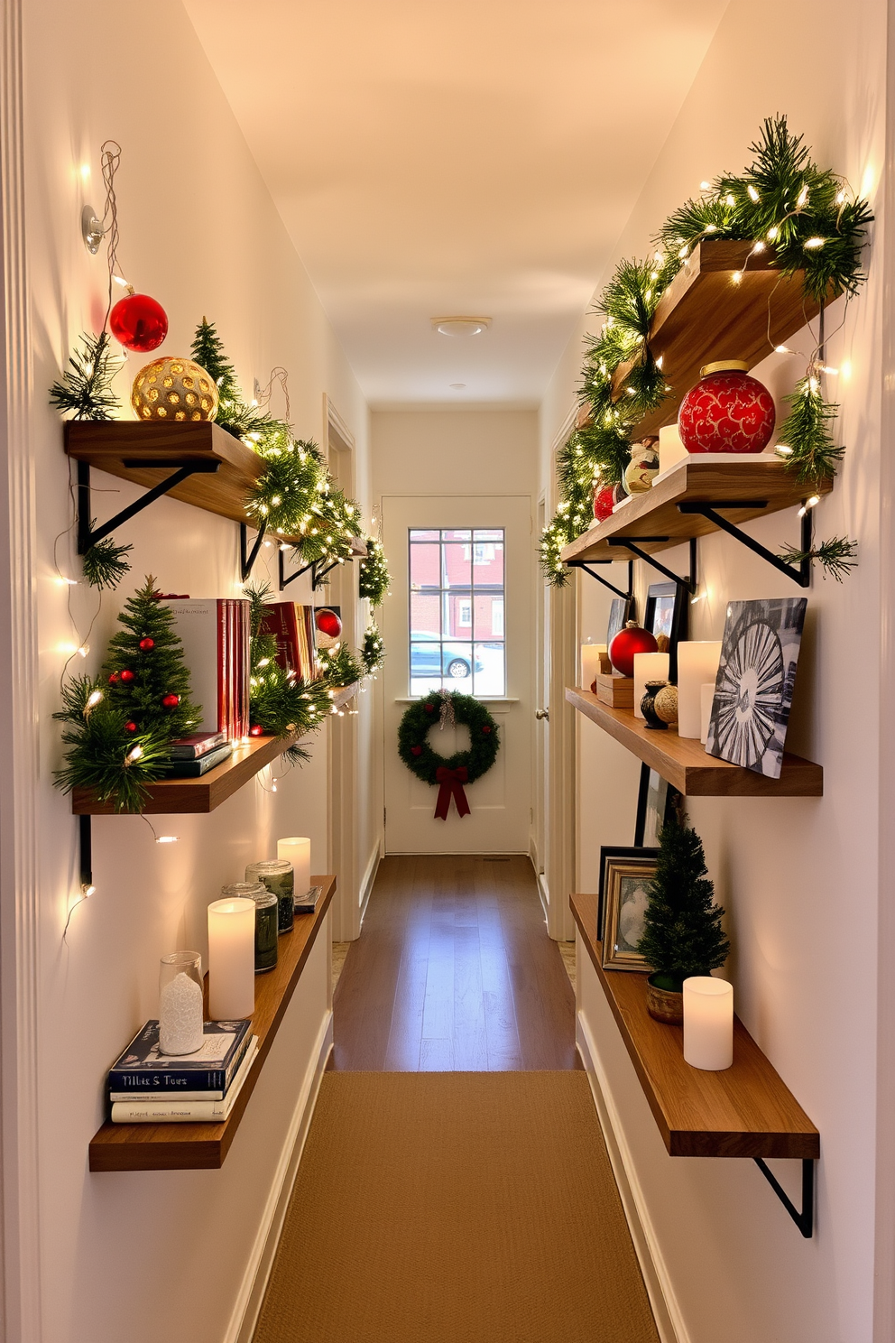 A cozy hallway adorned with wall-mounted shelves, each beautifully decorated with festive ornaments and twinkling fairy lights. The shelves are filled with a mix of holiday-themed books, candles, and small evergreen arrangements, creating a warm and inviting atmosphere.