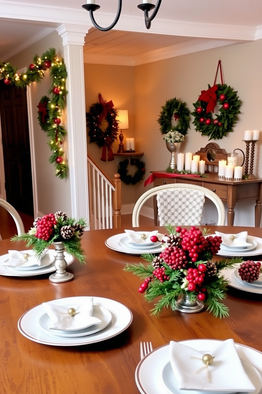 A festive dining table adorned with pinecone and berry centerpieces, featuring a rustic wooden table and elegant white tableware. The centerpieces are arranged with clusters of red berries and natural pinecones, complemented by green foliage for a seasonal touch. A cozy hallway decorated for Christmas, showcasing a garland draped along the banister and twinkling fairy lights. Festive wreaths hang on the walls, and a small console table displays holiday-themed decor, including candles and a decorative bowl filled with ornaments.