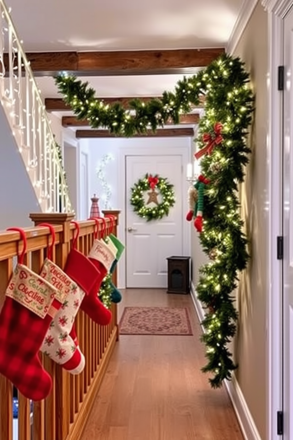 A festive hallway adorned for Christmas, featuring colorful stockings hung with care along a rustic wooden railing. The walls are decorated with twinkling fairy lights, and a cheerful garland drapes elegantly, bringing warmth and joy to the space.