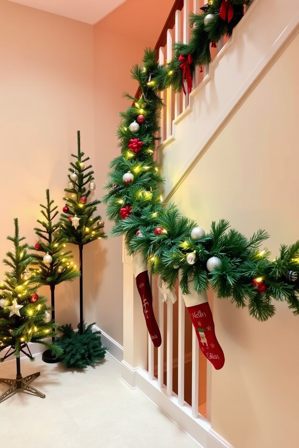 Mini Christmas trees are placed in each corner of the hallway, adorned with twinkling fairy lights and delicate ornaments. The walls are painted in a soft cream color, complementing the warm glow of the festive decorations. A garland of evergreen branches drapes elegantly along the hallway railing, interspersed with red and gold accents. Stockings hang from the wall, each uniquely designed, adding a personalized touch to the cheerful holiday ambiance.