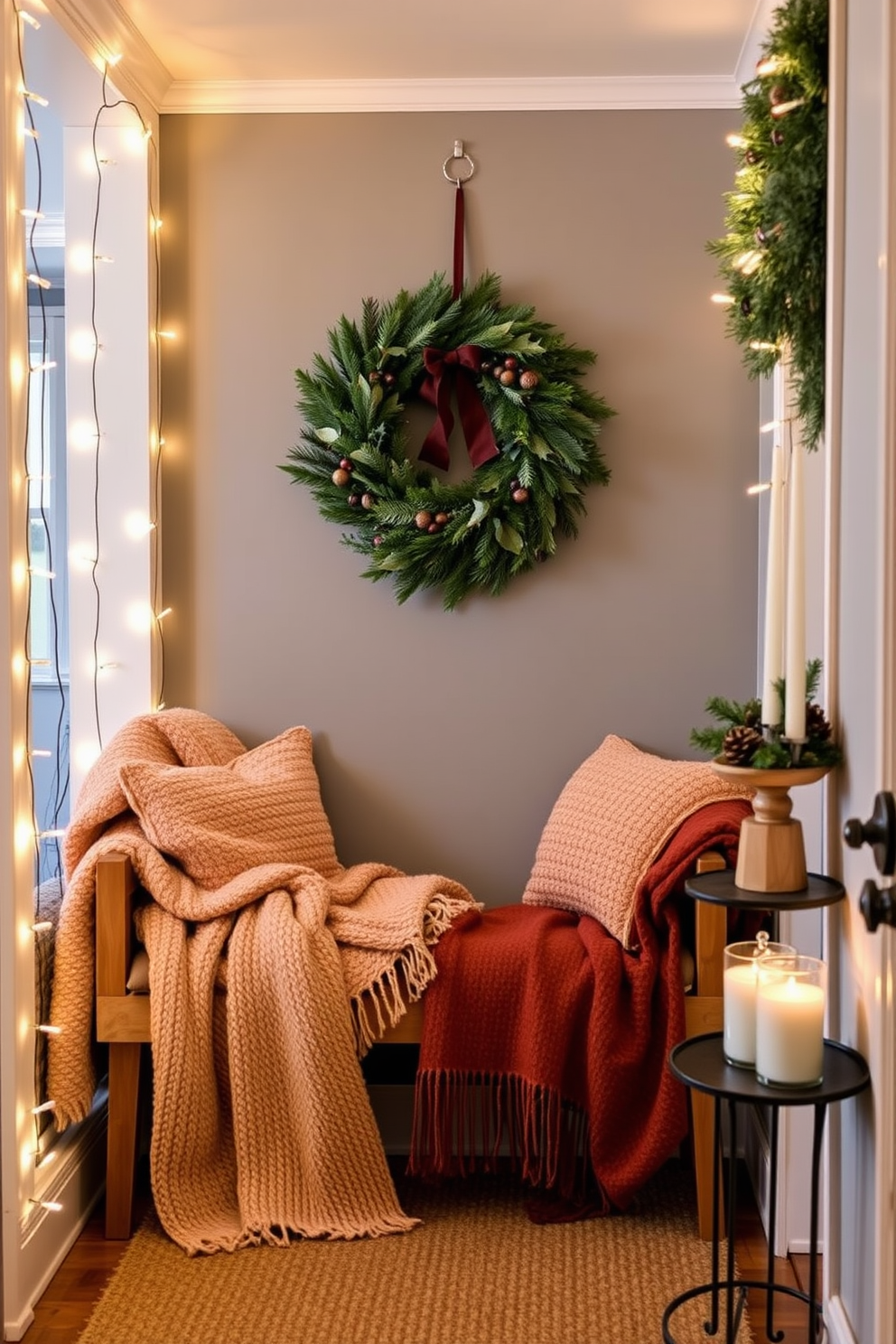 A cozy bench is adorned with soft, textured throw blankets in warm hues, inviting a sense of comfort and relaxation. The surrounding hallway features festive decorations, including twinkling string lights and a beautifully adorned Christmas wreath on the wall. The warm glow of the lights enhances the inviting atmosphere, creating a perfect holiday ambiance. A small table nearby displays seasonal accents like pinecones and candles, adding to the festive charm of the space.