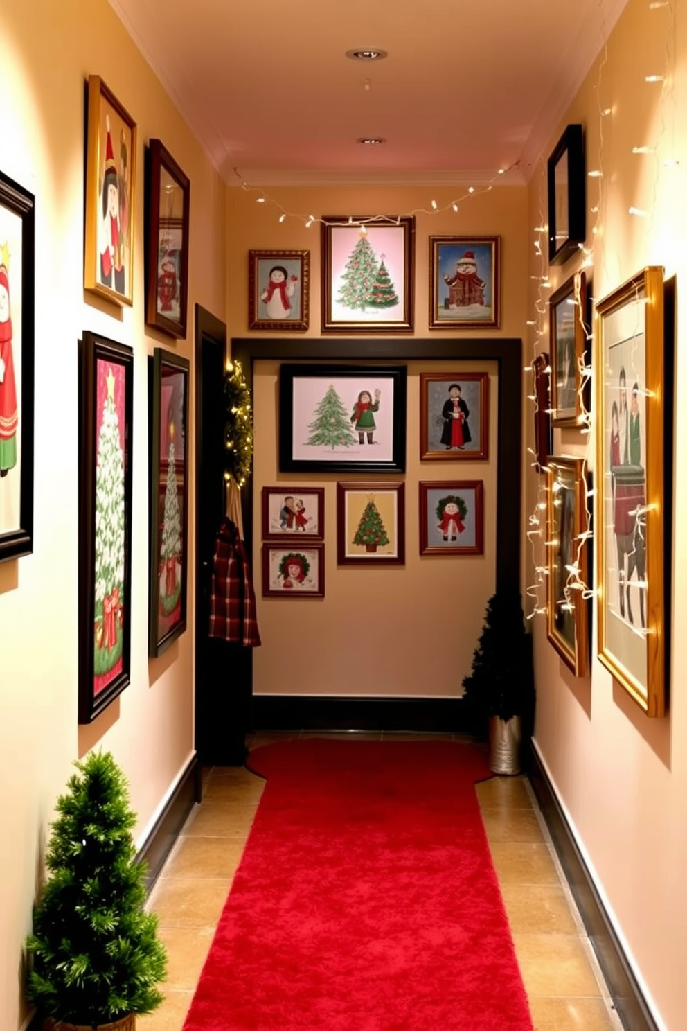 A festive hallway adorned with framed holiday art and prints, showcasing a mix of traditional and contemporary designs. The walls are painted in a soft cream color, creating a warm backdrop for the vibrant artwork that captures the spirit of the season. The floor is covered with a plush runner in rich red, leading guests through the space. Twinkling fairy lights are strung along the hallway, adding a magical touch to the holiday decor.