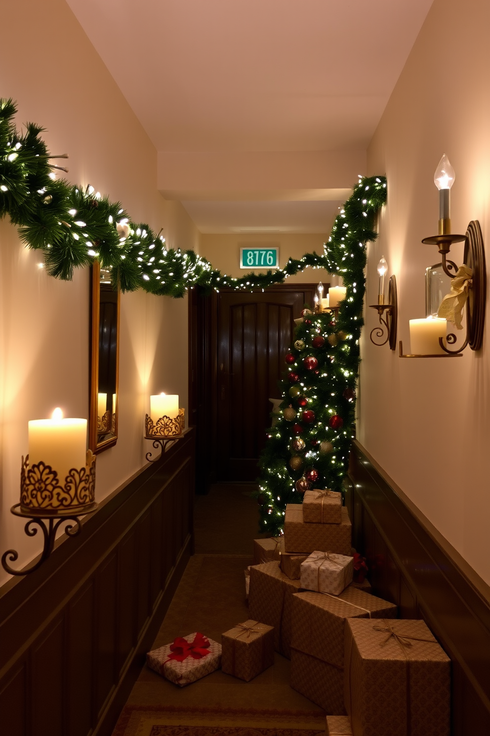 A cozy hallway adorned with candles in decorative holders, casting a warm glow that enhances the festive atmosphere. The holders are made of intricately designed metal, with a mix of gold and silver finishes, creating a luxurious yet inviting look. Festive garlands drape along the walls, interspersed with twinkling fairy lights and ornaments. A collection of beautifully wrapped gifts sits at the base of the staircase, adding to the Christmas charm and inviting guests to feel the holiday spirit.