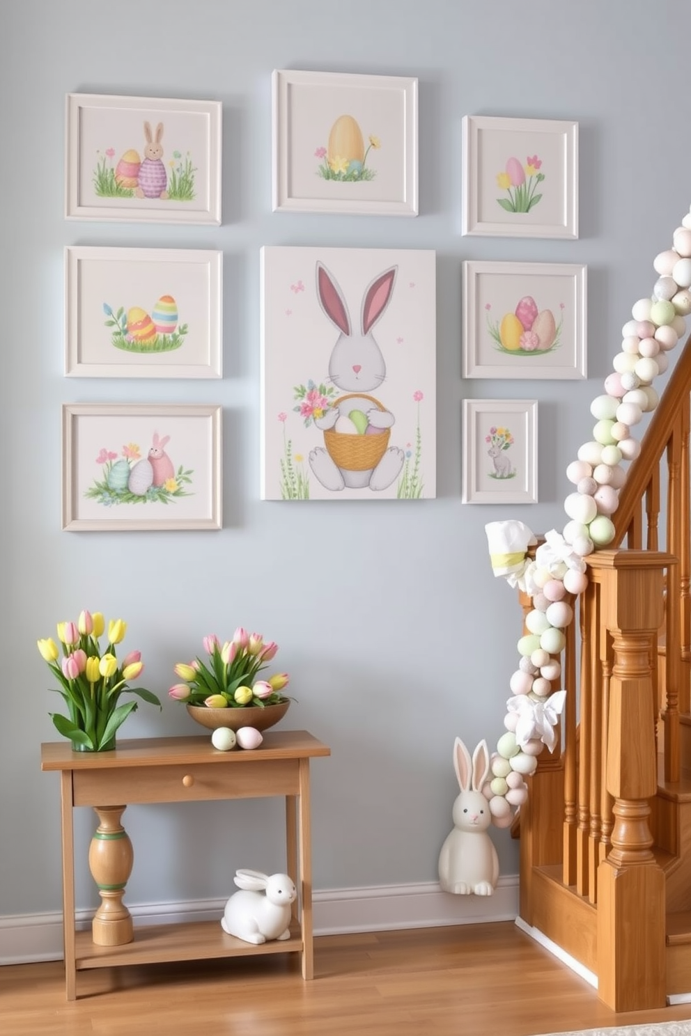 Easter-themed wall art displays: A collection of framed wall art featuring pastel-colored Easter eggs, bunnies, and spring flowers arranged in a symmetrical pattern on a light blue wall. Each frame is adorned with a delicate white border, and the centerpiece is a large canvas depicting a whimsical Easter bunny holding a basket of colorful eggs. Hallway Easter Decorating Ideas: A welcoming hallway decorated with a garland of pastel-colored Easter eggs and flowers draped along the railing of a wooden staircase. A small console table by the entrance is adorned with a vase of fresh tulips, a bowl of decorated Easter eggs, and a bunny-shaped candle holder, creating a festive and inviting atmosphere.