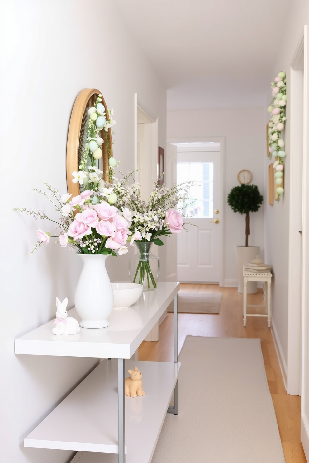 A bright and airy hallway adorned with Easter decorations. Delicate floral arrangements in pastel vases are placed on a sleek console table, with soft pink, lavender, and baby blue blooms creating a welcoming atmosphere. Easter-themed decor, such as a garland of pastel-colored eggs and charming bunny figurines, adds a festive touch. The walls are painted in a light, neutral shade, allowing the decorations to stand out, while a soft, patterned runner enhances the hallway's cozy feel.