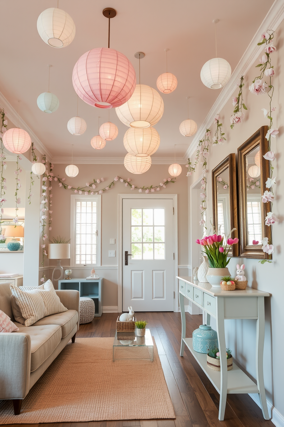 A serene living room with hanging paper lanterns in soft pastel colors. The lanterns vary in size and are suspended from the ceiling at different heights, creating a whimsical and cozy atmosphere. The walls are painted in a light, neutral shade, and the furniture features a mix of modern and vintage pieces, including a plush sofa with soft, textured cushions. A large area rug in muted tones anchors the space, and a coffee table with a glass top holds a few carefully selected decorative items. A welcoming hallway adorned with Easter decorations in a fresh, springtime palette. The walls are lined with garlands of pastel-colored eggs and delicate paper flowers, creating a festive and inviting entrance. A console table against one wall holds a collection of Easter-themed decor, including ceramic bunnies, small baskets filled with faux grass and candy eggs, and a vase of fresh tulips. The floor is covered with a light, woven runner, and a large mirror with a rustic frame hangs above the table, reflecting the cheerful decorations.