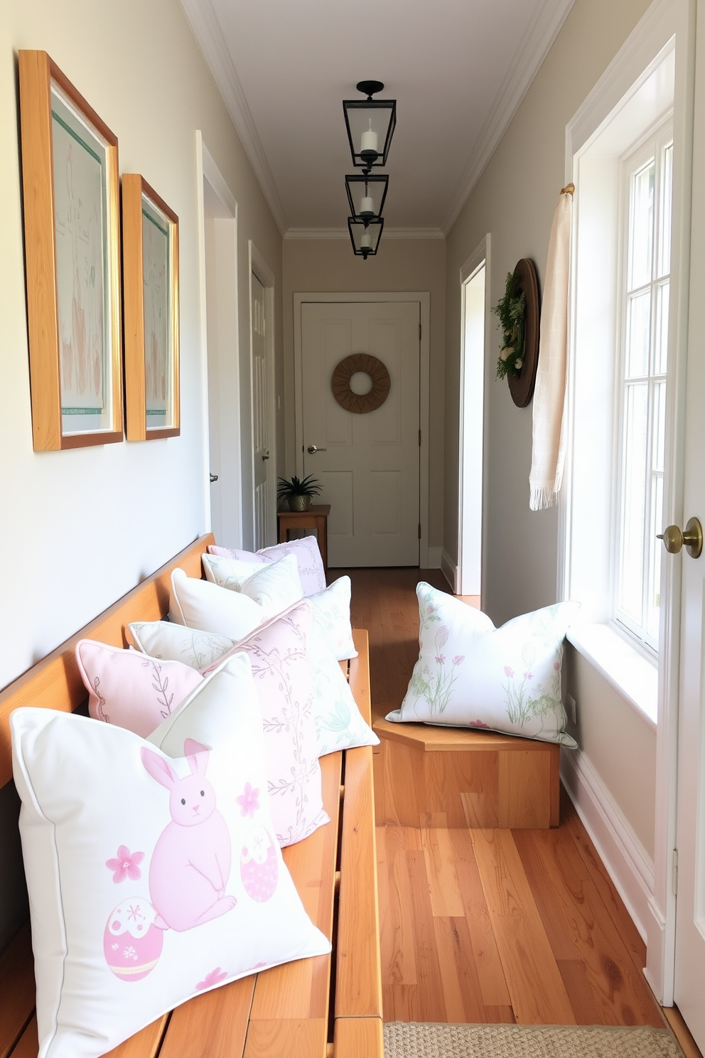 A cozy hallway adorned with Easter-themed throw pillows on wooden benches. The pillows feature pastel colors and intricate patterns of bunnies, eggs, and spring flowers, creating a festive and welcoming atmosphere. A hallway decorated with Easter flair, showcasing benches lined with throw pillows in soft pastel hues. The pillows are adorned with charming Easter motifs such as rabbits, eggs, and floral designs, bringing a touch of springtime cheer to the space.