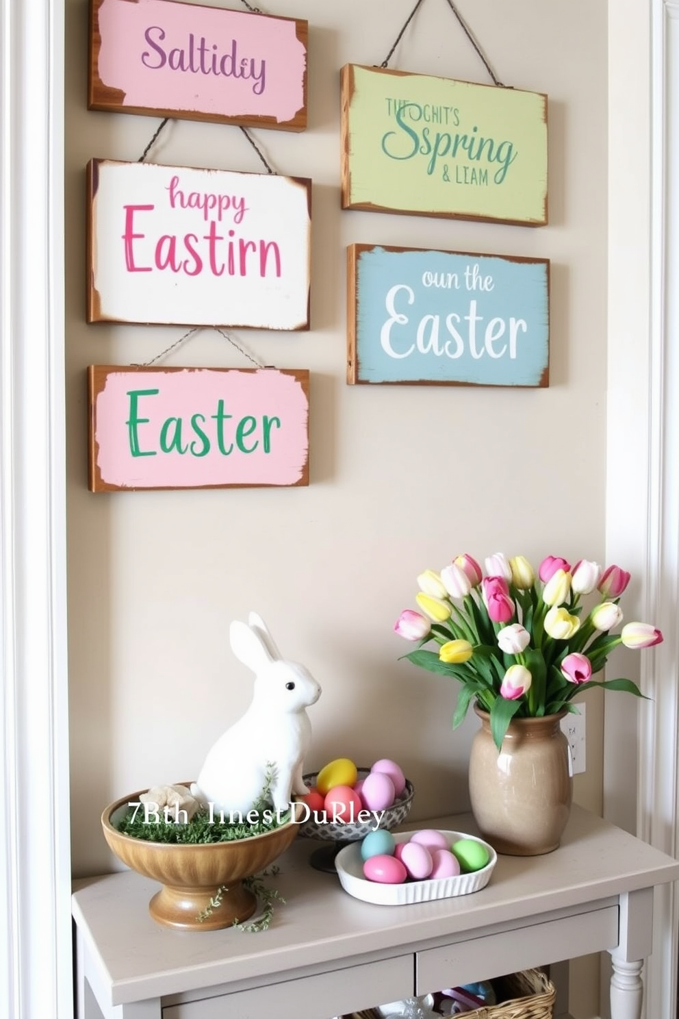 A cozy hallway adorned for Easter. Decorative wooden signs with cheerful spring messages hang on the walls, featuring pastel colors and playful fonts. Below the signs, a console table is decorated with an assortment of Easter-themed items. A ceramic bunny, a bowl of colorful eggs, and a vase filled with fresh tulips create a festive and welcoming atmosphere.