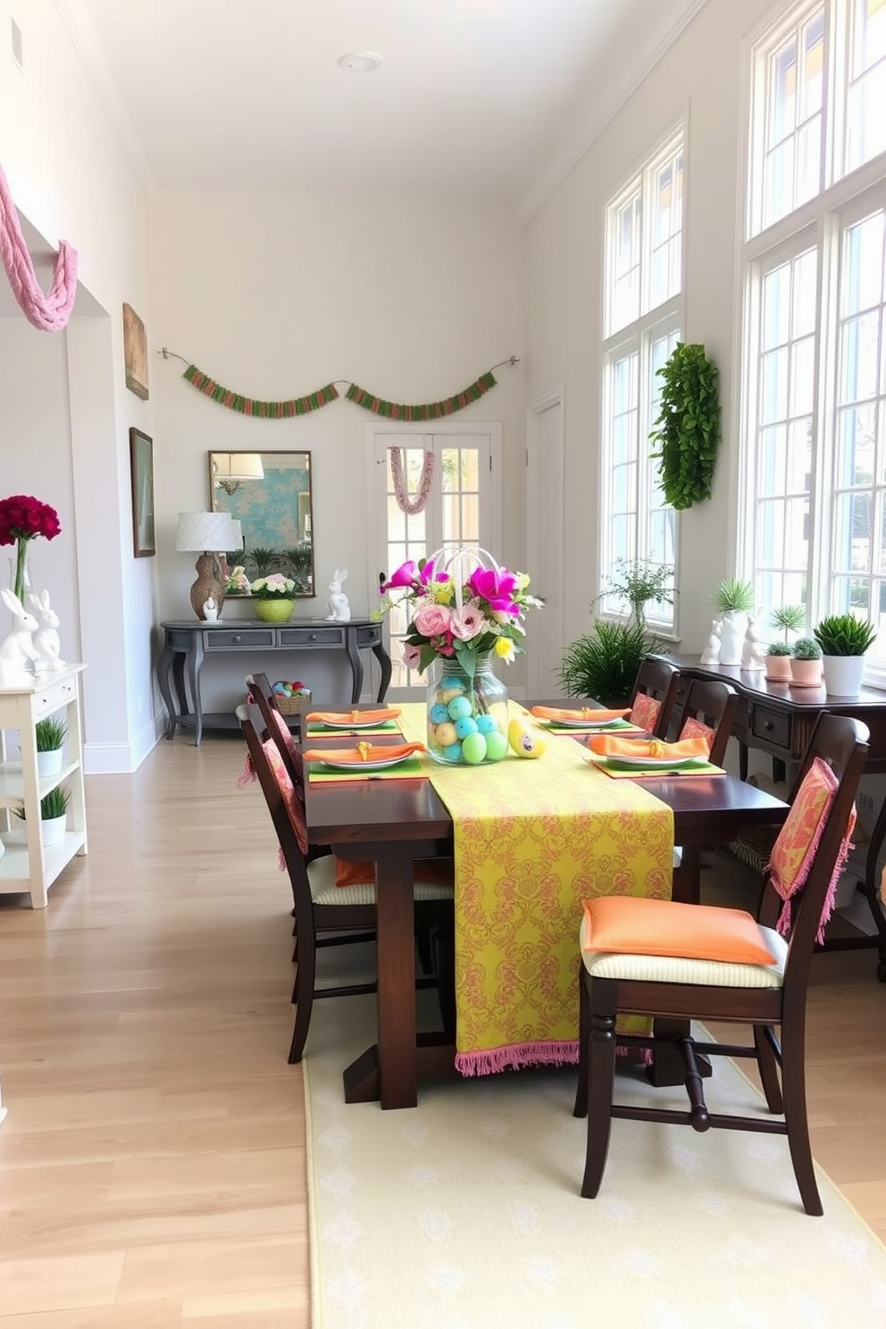 A dining room set with brightly colored table runners or cloths. The table is adorned with a vibrant runner featuring intricate patterns, complemented by matching cloth napkins and a centerpiece of fresh flowers in a clear vase. The chairs around the table have cushions that echo the colors of the table setting, creating a cohesive and lively atmosphere. Large windows allow natural light to flood the room, enhancing the vivid hues and creating a cheerful dining experience. A hallway decorated for Easter with festive and charming decor. The walls are adorned with pastel-colored garlands and hanging egg ornaments, while a console table is topped with a decorative Easter basket filled with painted eggs and spring flowers. Along the hallway, small potted plants and bunny figurines are placed on shelves and side tables, adding a whimsical touch. The floor is lined with a soft, pastel-colored runner, leading guests through a space that feels warm and inviting, perfect for celebrating the holiday.