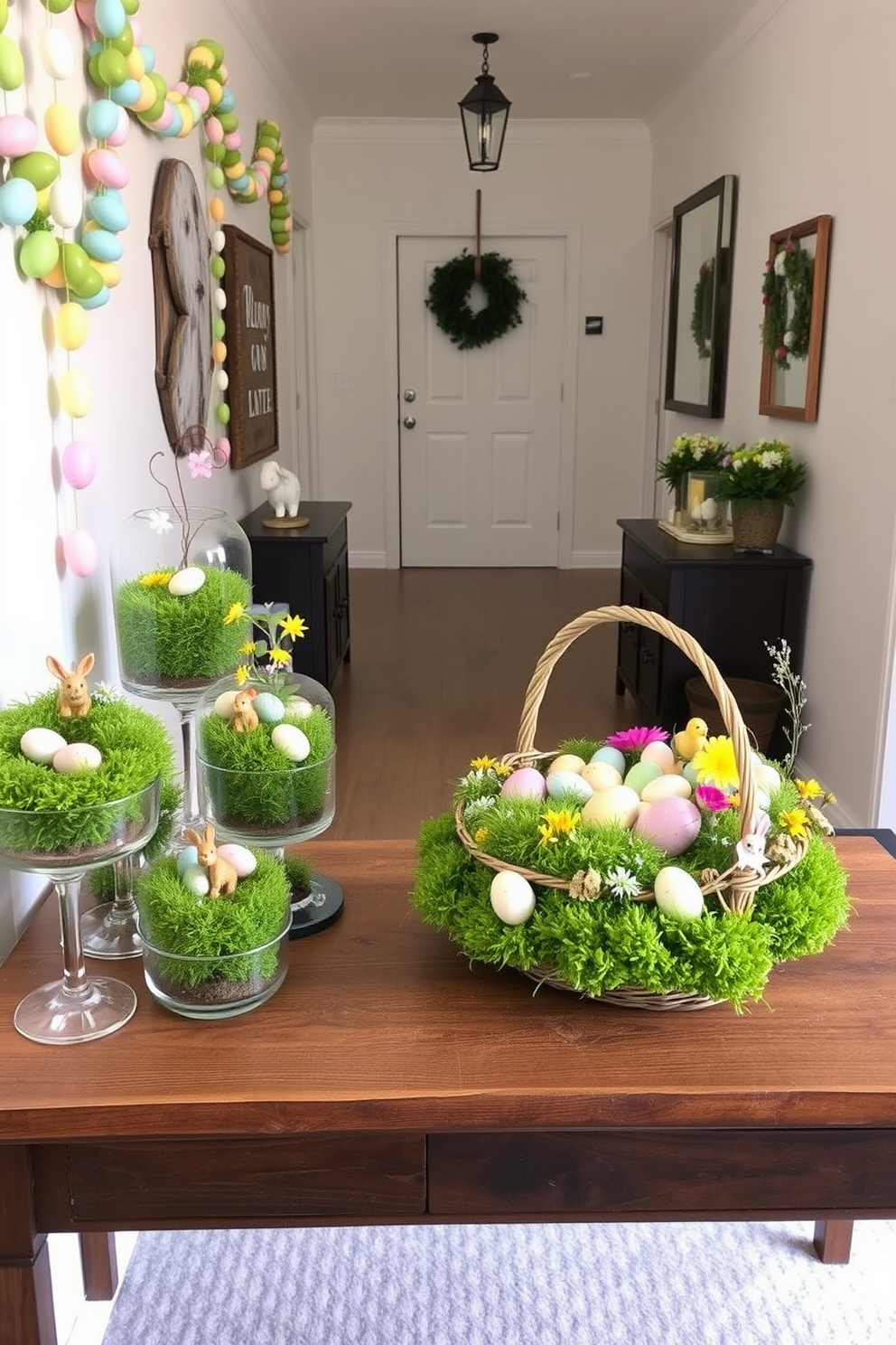 A collection of miniature Easter gardens arranged in glass containers. Each container features lush green moss, tiny pastel-colored eggs, and miniature figurines of bunnies and chicks, creating a whimsical and festive atmosphere. An inviting hallway adorned with Easter decorations. The walls are lined with garlands of pastel-colored eggs and flowers, while a rustic wooden table holds a centerpiece of a large Easter basket filled with decorative eggs and spring flowers.