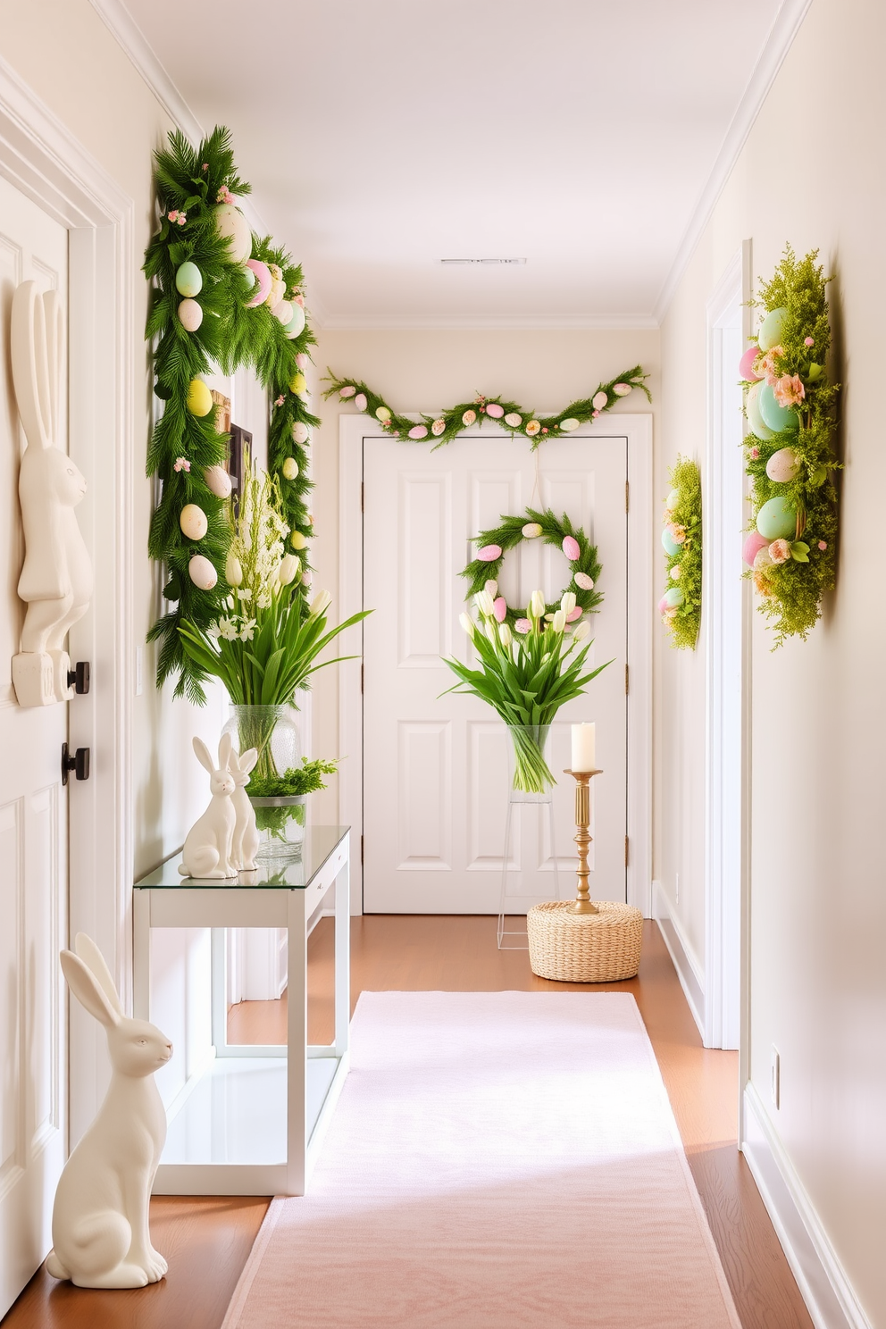 A welcoming hallway adorned with Easter decorations. Bunny-shaped doorstops add a touch of charm, while pastel-colored garlands and wreaths featuring eggs and flowers hang on the walls and doors. A console table is decorated with a mix of ceramic bunnies, fresh tulips, and Easter-themed candles. A soft, pastel-colored rug runs the length of the hallway, complementing the overall festive atmosphere.