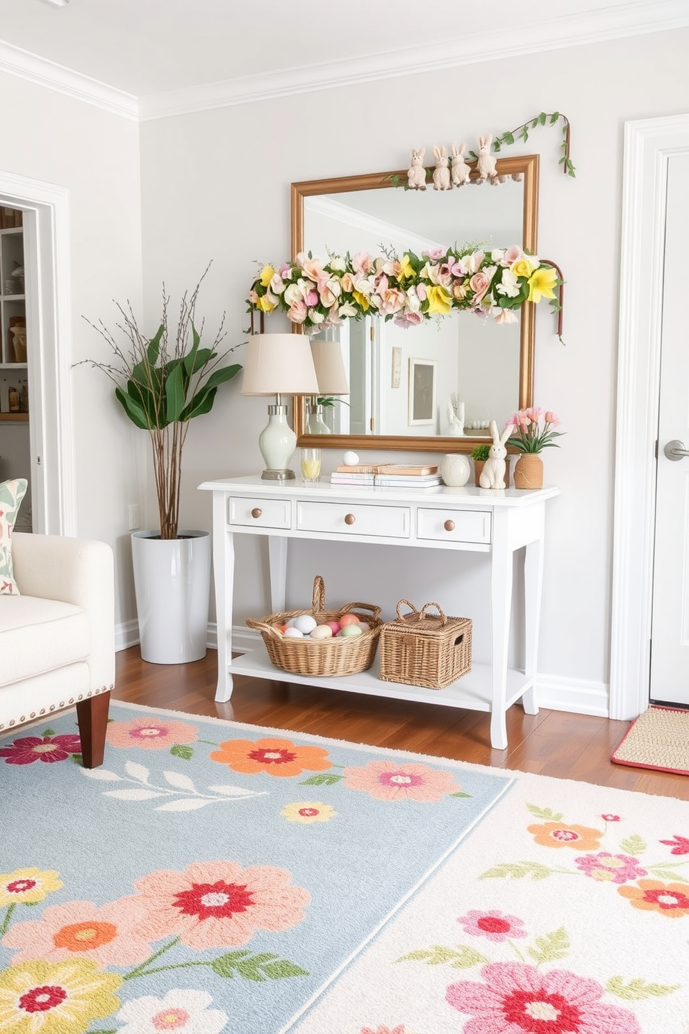 A cozy living room with layered rugs featuring vibrant spring motifs. The top rug showcases colorful floral patterns, while the base rug is a solid pastel color, providing a warm and inviting atmosphere. A welcoming hallway adorned with Easter decorations. A console table holds a basket filled with pastel-colored eggs, while a garland of spring flowers and Easter bunnies drapes over a large mirror above the table.