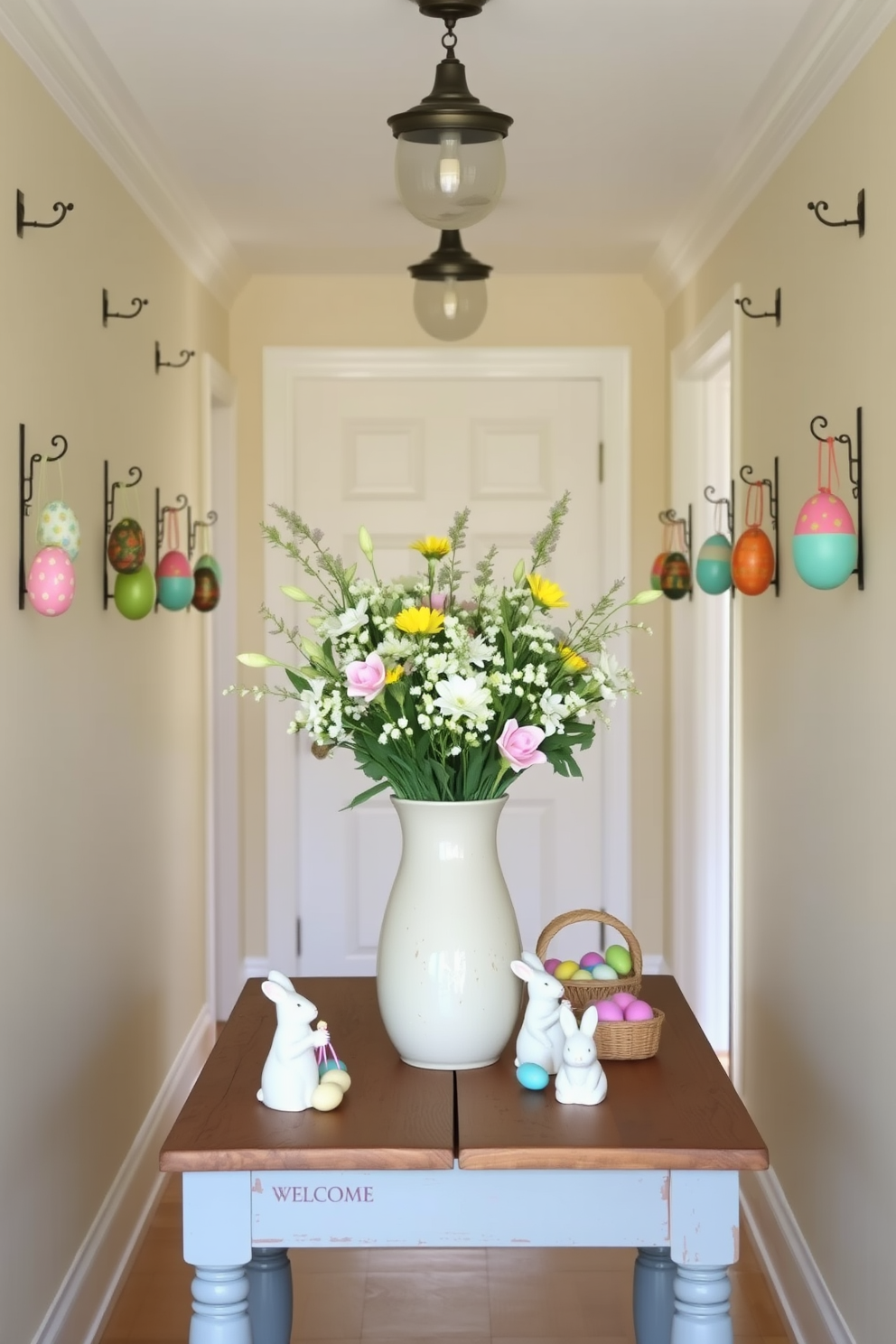 A welcoming hallway adorned with hanging Easter egg ornaments. Hooks are placed along the walls, each holding a beautifully decorated egg in pastel colors, creating a festive and inviting atmosphere. In the center of the hallway, a rustic wooden table is decorated with a large vase filled with fresh spring flowers. Alongside the vase, smaller ceramic bunnies and baskets filled with colorful eggs complete the Easter theme.