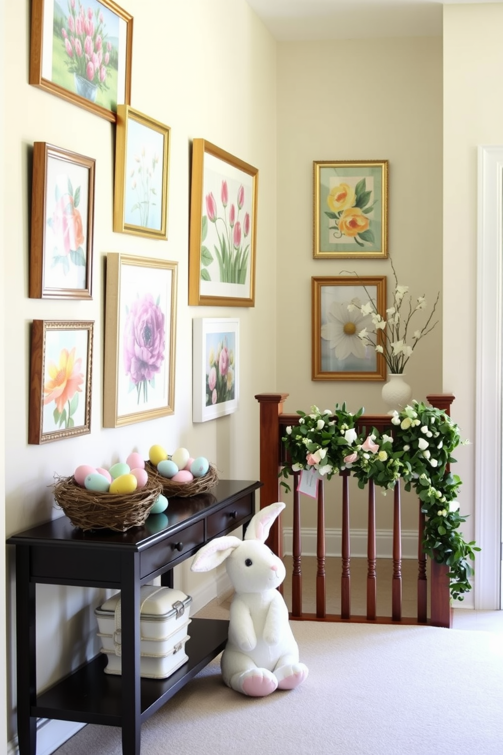 A bright and airy hallway adorned with spring-themed artwork. Frames of various sizes and shapes display vibrant floral paintings and pastel-colored abstract pieces, bringing a touch of the season indoors. For Easter decorating, the hallway features a series of decorative nests with pastel-colored eggs. Soft, plush bunnies sit on a console table, while a garland of fresh greenery and flowers hangs along the banister, creating a festive and welcoming atmosphere.