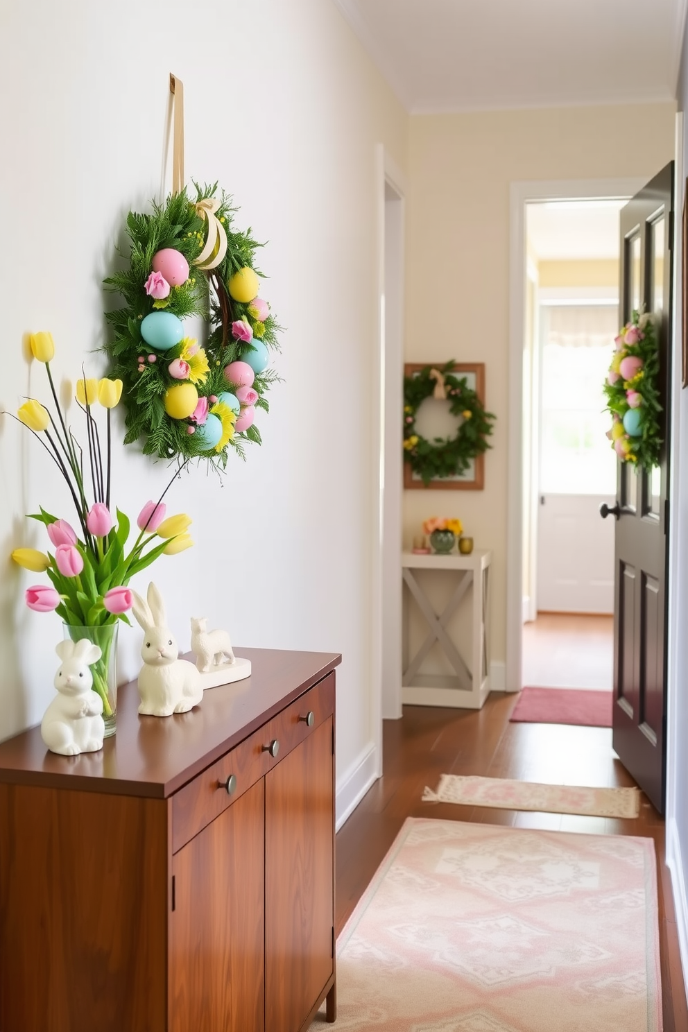 A welcoming hallway adorned with vibrant Easter decorations. A colorful Easter wreath hangs on the front door, crafted with pastel-colored eggs, fresh flowers, and green foliage. Inside, the hallway is decorated with a mix of traditional and modern elements. A console table against the wall features a glass vase filled with fresh tulips and a ceramic bunny figurine. The walls are painted in a soft, neutral color, allowing the Easter decorations to stand out. A patterned rug in pastel shades runs along the length of the hallway, adding warmth and color to the space.