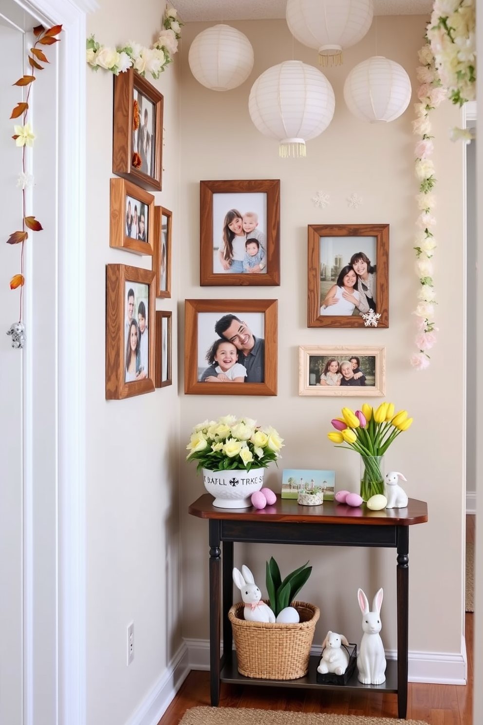 Seasonal photo frames displaying family memories. Arrange a series of wooden photo frames on a wall, each displaying a cherished family photo from different seasons. Surround the frames with small decorative elements like autumn leaves, winter snowflakes, spring flowers, and summer seashells to enhance the seasonal theme. Hallway Easter decorating ideas. Adorn the hallway with pastel-colored garlands and paper lanterns hanging from the ceiling. Place a small table against the wall, decorated with a vase of fresh tulips, a bowl of painted Easter eggs, and a few bunny figurines to create a festive and welcoming atmosphere.