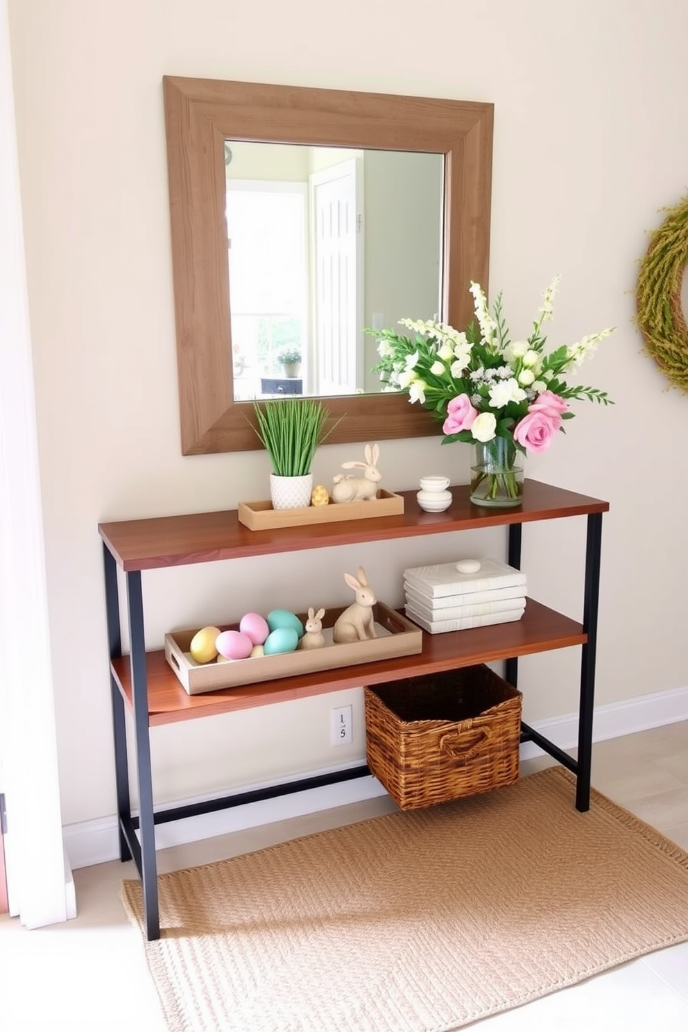 A festive and welcoming hallway decorated for Easter. A wooden console table is adorned with a decorative tray filled with pastel-colored Easter eggs, a small ceramic bunny, and a vase with fresh spring flowers. Above the table, a mirror with a rustic wooden frame reflects the seasonal decor. The walls are painted in a soft cream color, and a woven jute rug lies on the floor, adding a touch of warmth and texture.