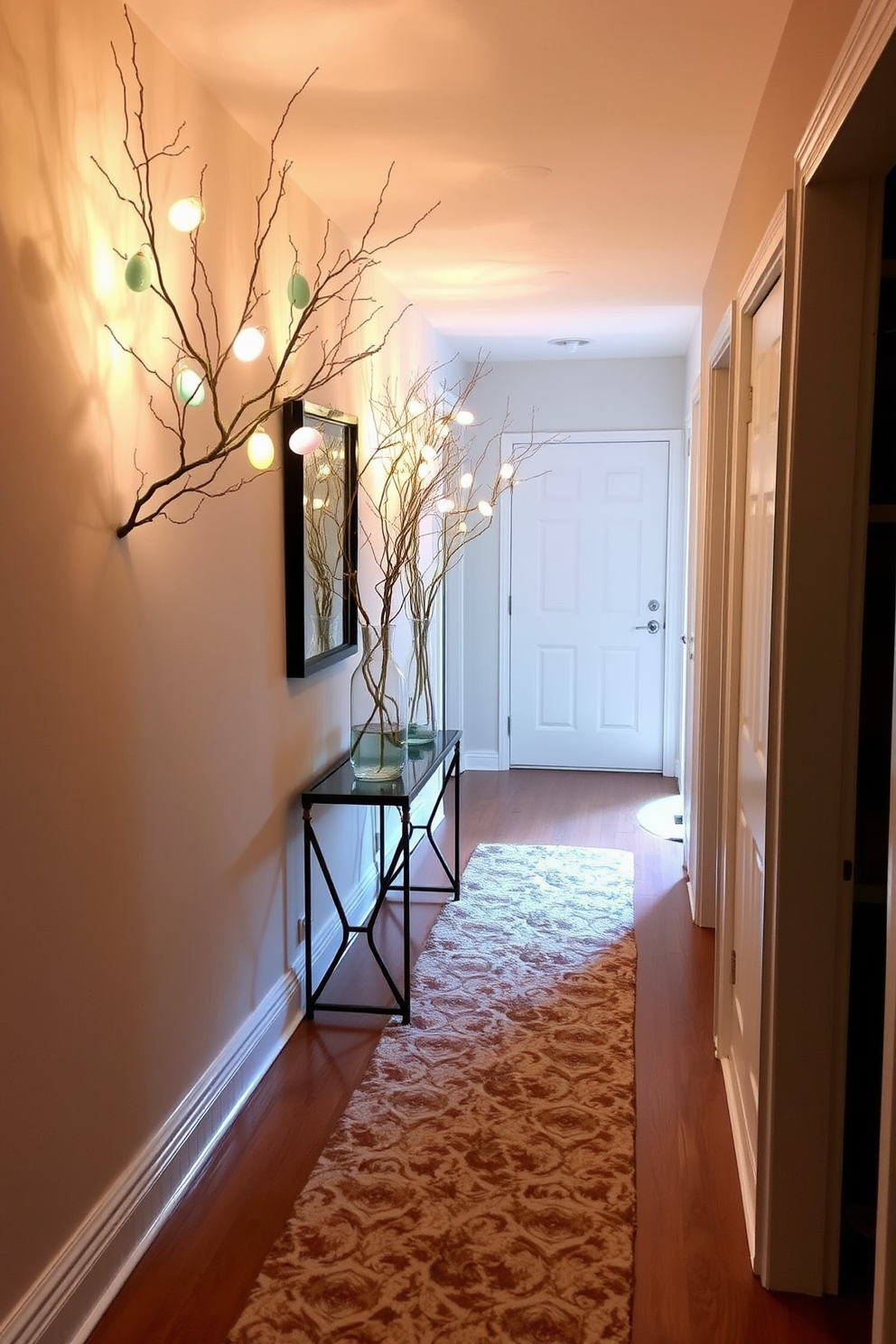 A hallway adorned with lighted branches, each branch featuring delicate Easter egg accents in pastel colors. The branches are arranged in tall, elegant vases placed on a narrow console table, casting a warm, inviting glow throughout the space. The walls are painted in a soft, neutral shade to highlight the festive decorations. A plush, patterned runner stretches along the hallway floor, complementing the subtle hues of the Easter eggs and adding a touch of coziness to the overall design.