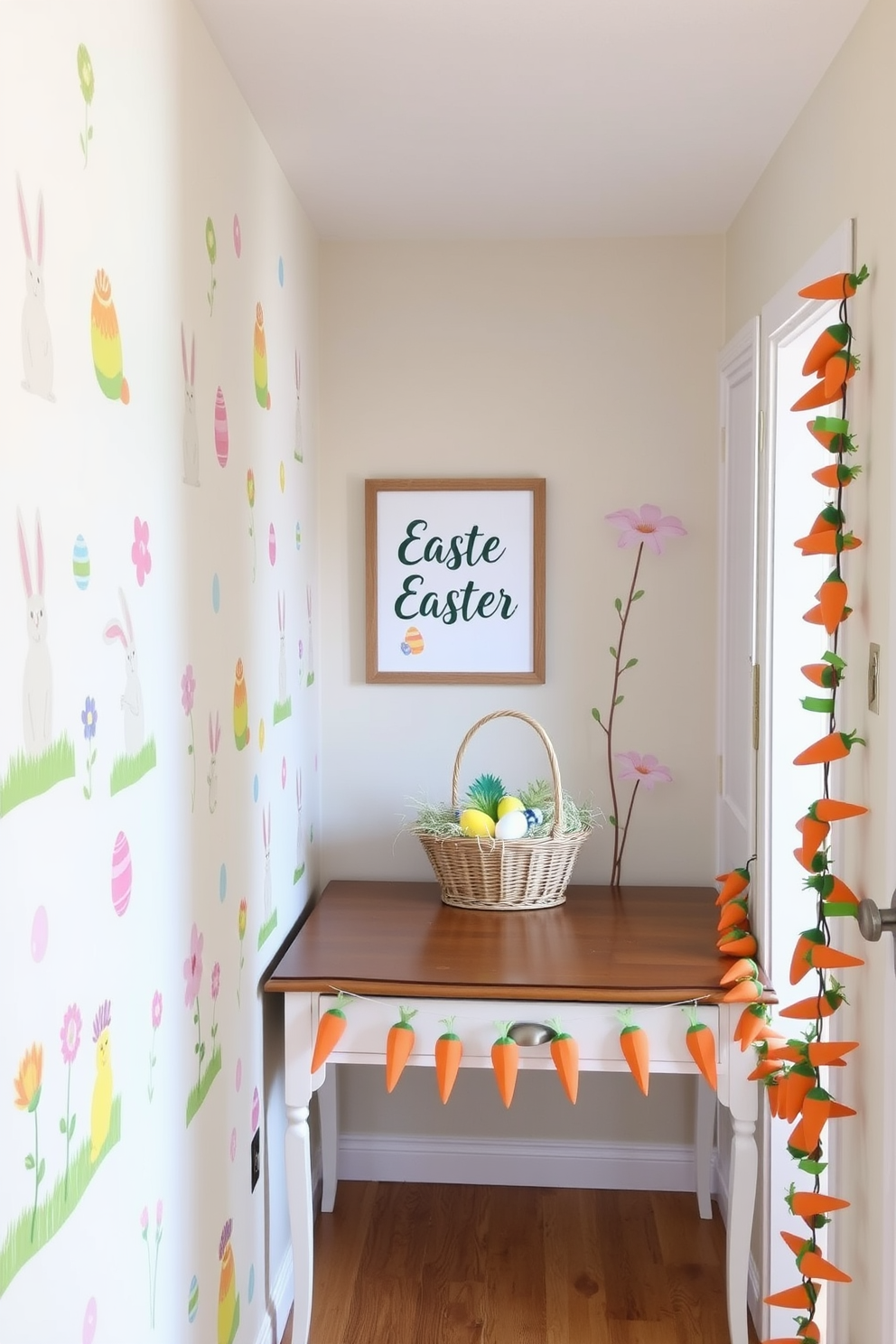 A hallway adorned with whimsical wall decals featuring charming Easter themes. The walls are decorated with colorful bunnies, pastel eggs, and blooming flowers, creating a festive and inviting atmosphere. To enhance the Easter spirit, a console table is placed against one wall, topped with a decorative Easter basket filled with faux grass and painted eggs. Above the table, a framed 