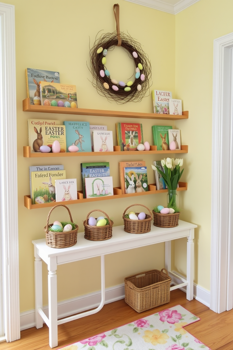 Easter-themed books displayed on shelves. The shelves are made of light oak, arranged in a grid pattern against a pastel yellow wall. Each shelf holds a variety of books with colorful, Easter-themed covers, featuring illustrations of bunnies, eggs, and spring flowers. Interspersed among the books are small decorative items, such as ceramic bunnies, painted eggs, and fresh tulips in small vases. Hallway Easter Decorating Ideas. The hallway features a long, narrow table against one wall, painted in a soft white color. On the table, there are woven baskets filled with pastel-colored eggs and faux grass. Above the table, a framed wreath made of twigs and adorned with tiny, pastel-colored eggs hangs on the wall. The floor is decorated with a runner rug in a cheerful, floral pattern, adding a touch of spring to the space.