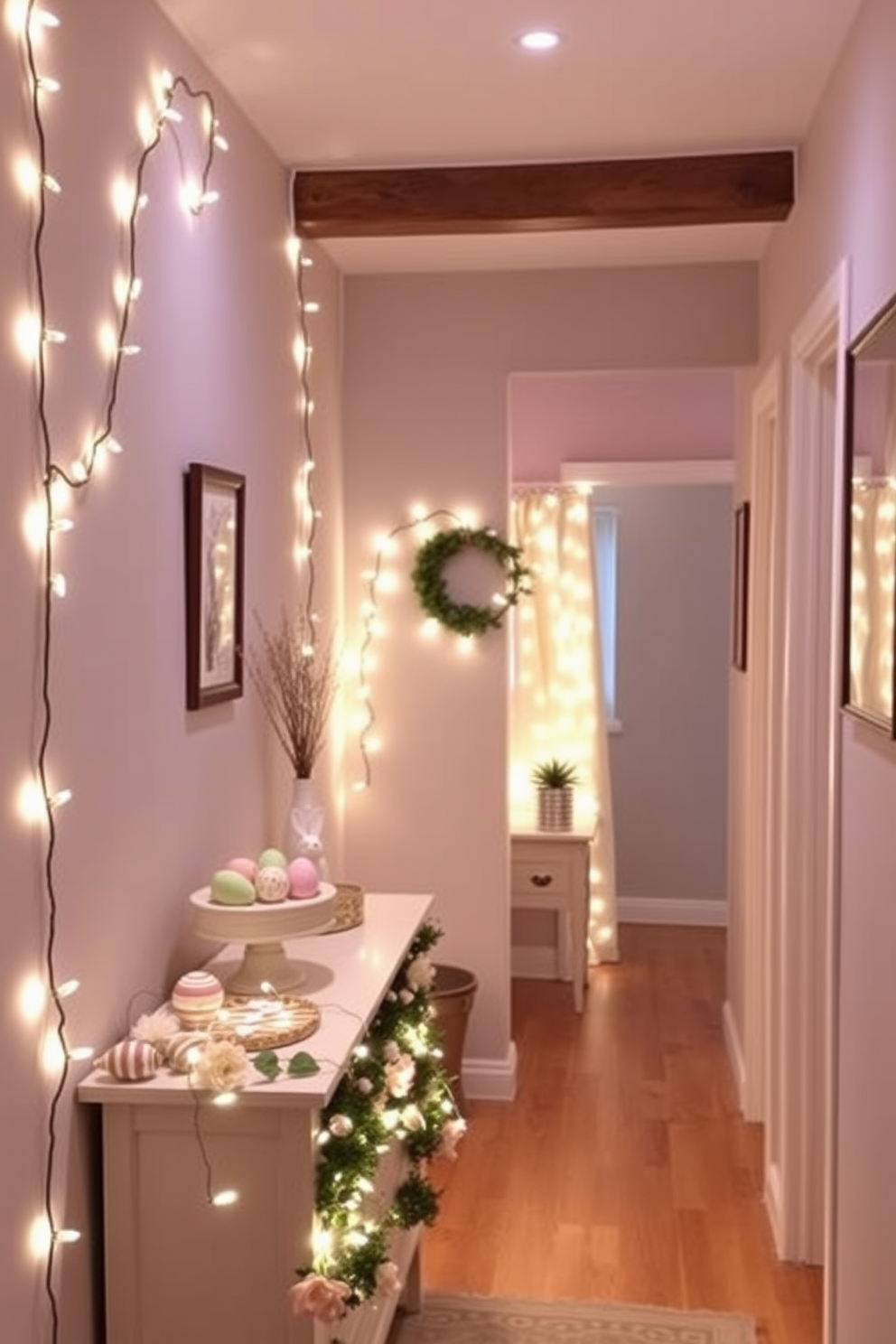 A cozy hallway adorned with soft lighting. Delicate fairy lights are draped along the walls, casting a warm, inviting glow. An enchanting Easter-themed hallway. Pastel-colored decorations, including eggs and bunnies, are tastefully placed on a console table, while a string of fairy lights weaves through a garland of fresh spring flowers.