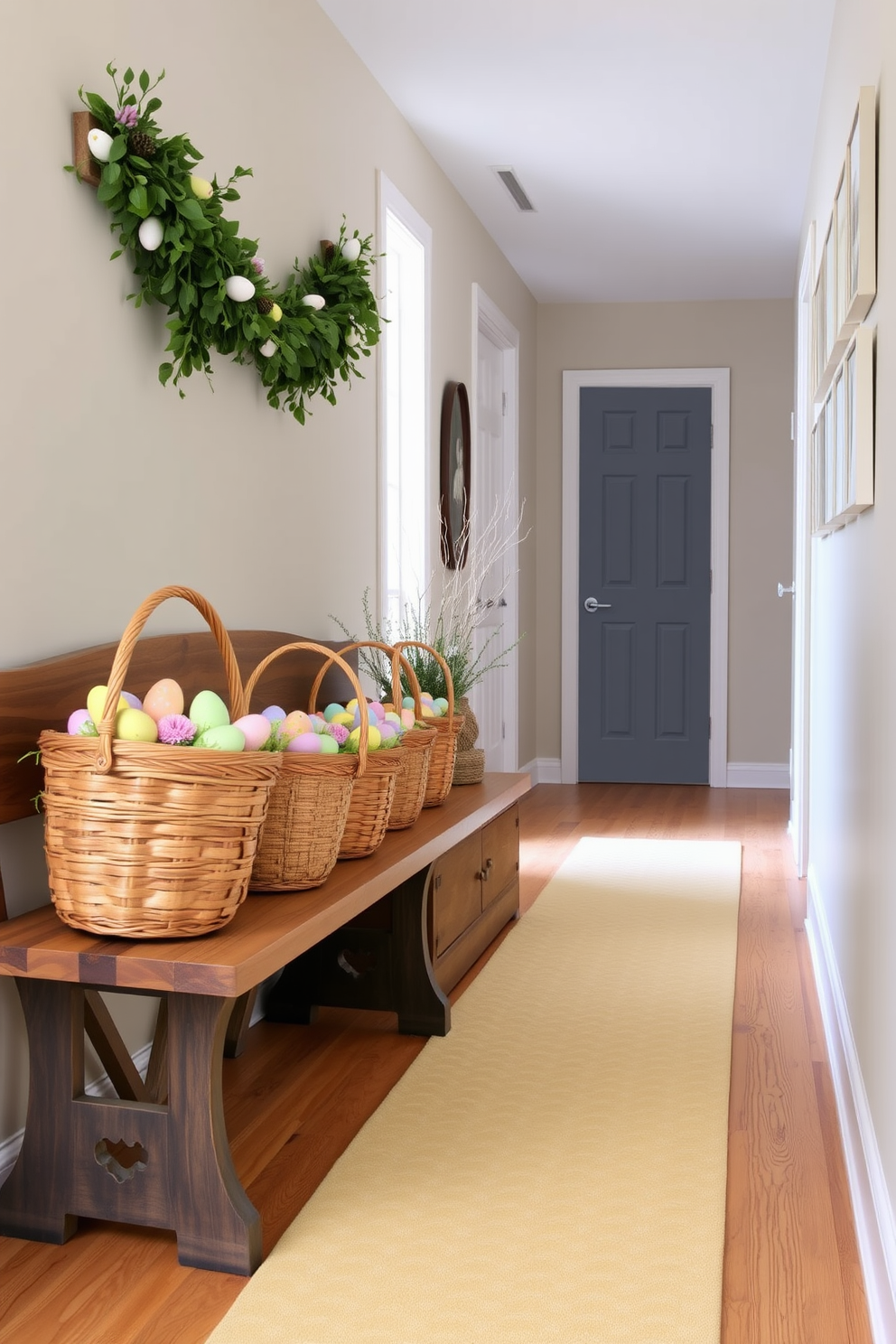 A cozy hallway adorned with colorful Easter baskets. The baskets, filled with pastel eggs and spring flowers, are placed on a rustic wooden bench, with a garland of fresh greenery draped above. On the adjacent wall, a series of small, framed art prints featuring bunnies and chicks add a whimsical touch. A soft, patterned runner in shades of yellow and green leads down the hallway, enhancing the festive atmosphere.